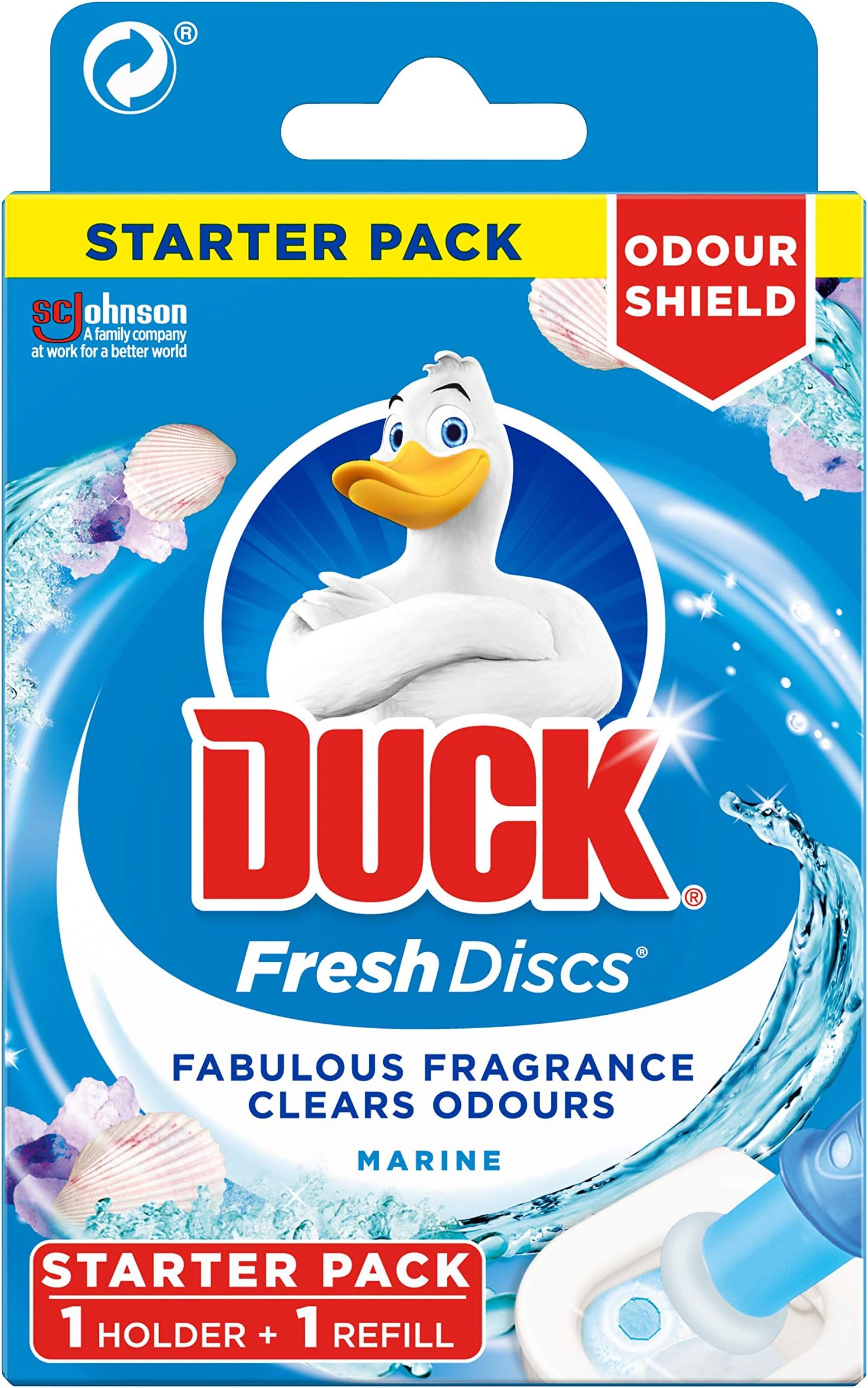 Fresh Discs Toilet Cleaner Starter Kit, Fights Stains That Harbour Germs, Prevents Limescale Build Up, Marine, 1 Holder + 1 Refill