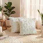 AVOIN colorlife Spring Crème d'été blanc de tournesol Couvres d'oreiller à lancer 2, 18 x 18 Inch Saisonnier Farmhouse Decor Yellow Flower Heart Soft Plush Faux Fur Jacquard Coussin Case pour Sofa Home