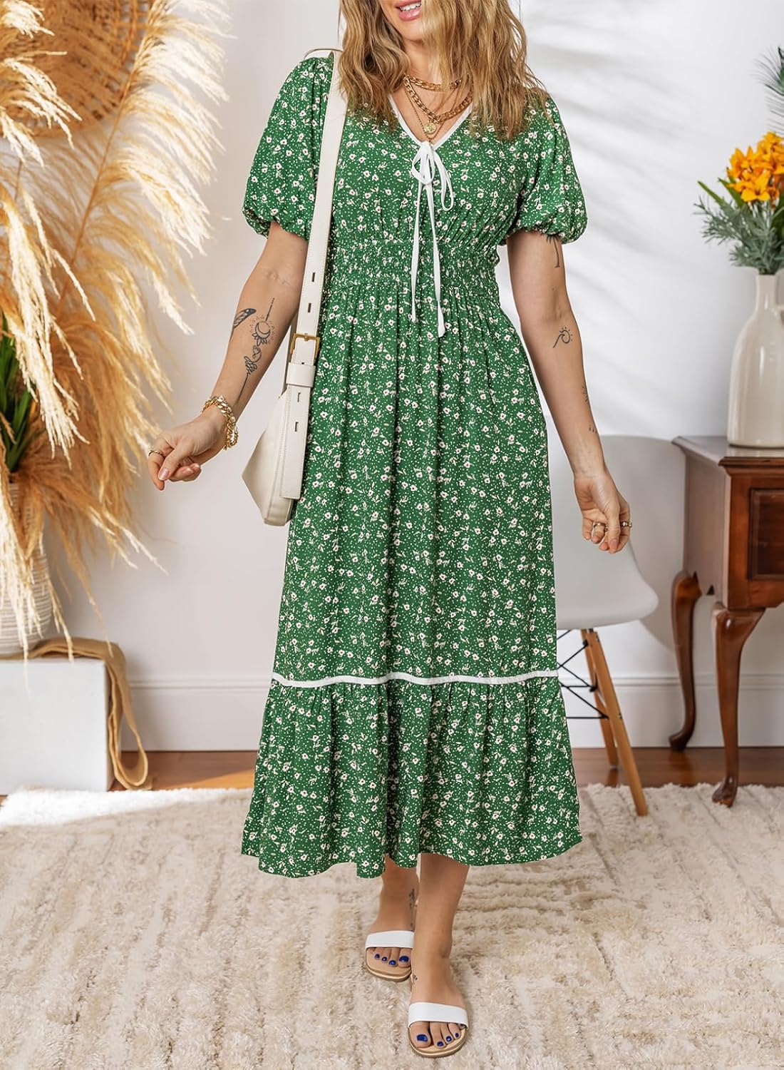 Dokotoo Womens Tie Front V-Neck Empire Waist Dress Summer Short Sleeve Smocked Wedding Guest Dress Floral Maxi Dresses - Image 3