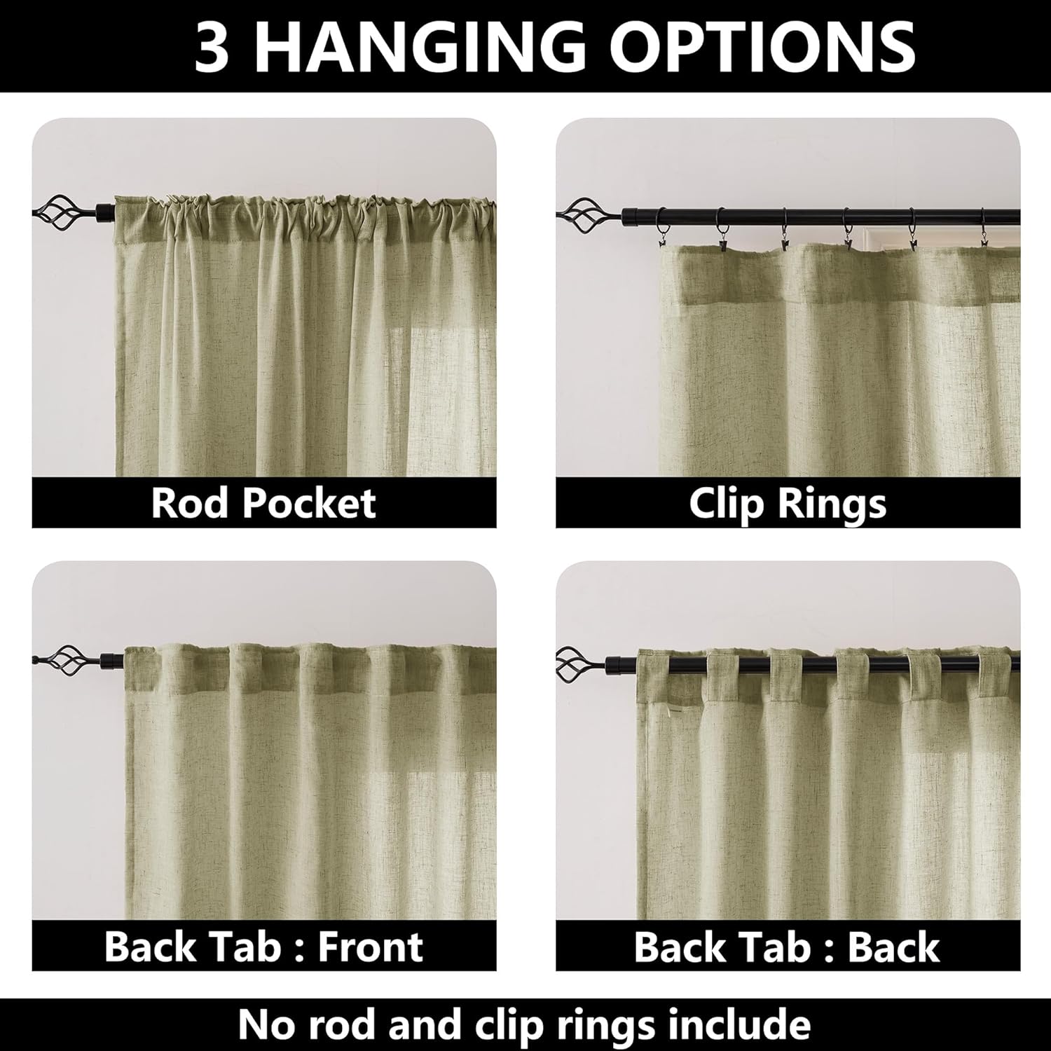 Linen Curtains for Living Room, Linen Blended Semi Sheer Light Filtering Curtain Rod Pocket Back Tab Privacy Drapes 96 Inches Long 2 Panels Set-Olive Green,54Wx96L