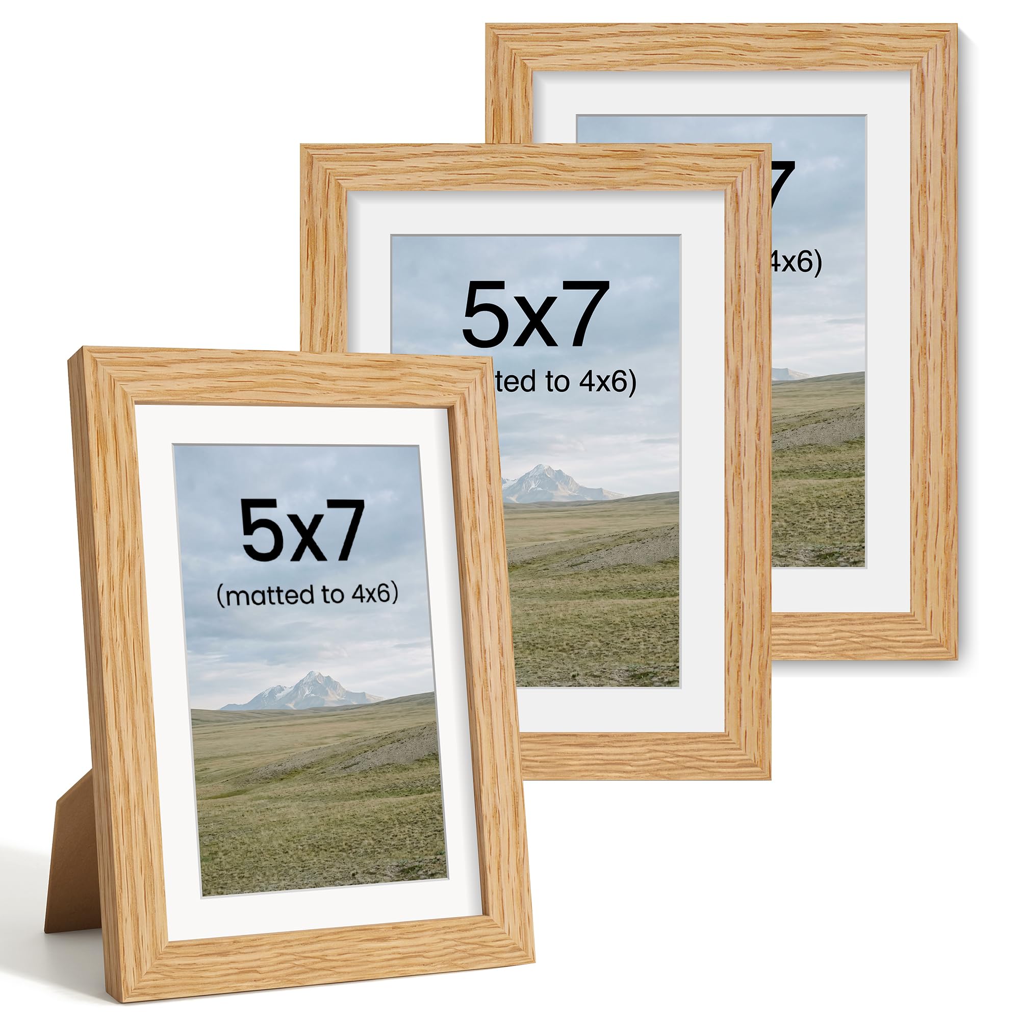 7x5 Photo Frames, 3 Pack, Solid Oak Wood, Mat fits 6x4, Tabletop & Wall Use
