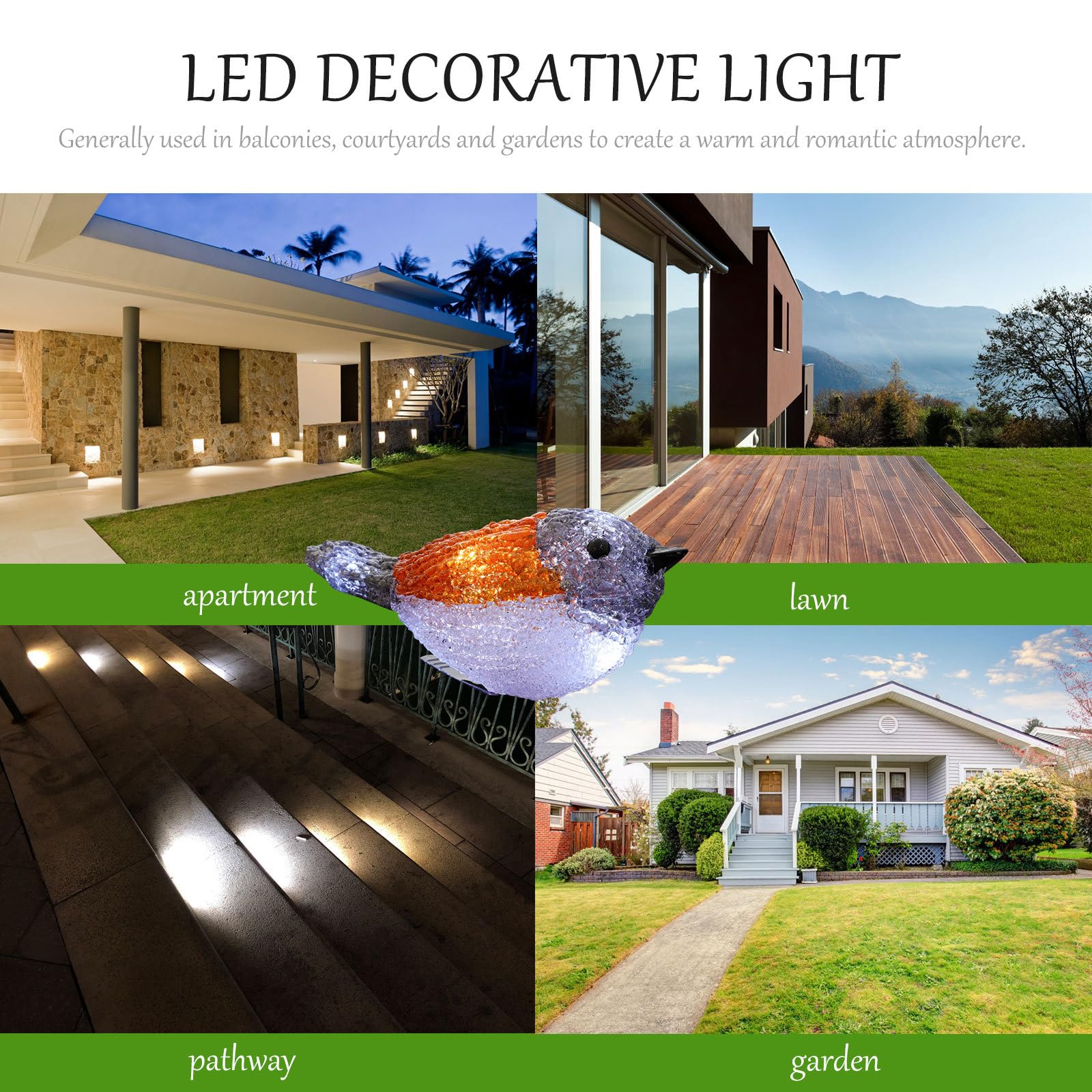 LED Lichterkette Rotkehlchen Weiß, Acryl Kunststoff, Ip44 | Solarbetriebene Vogel Motive, für Balkon und Fest, Stromsparend, Dekorative Außenbeleuchtung