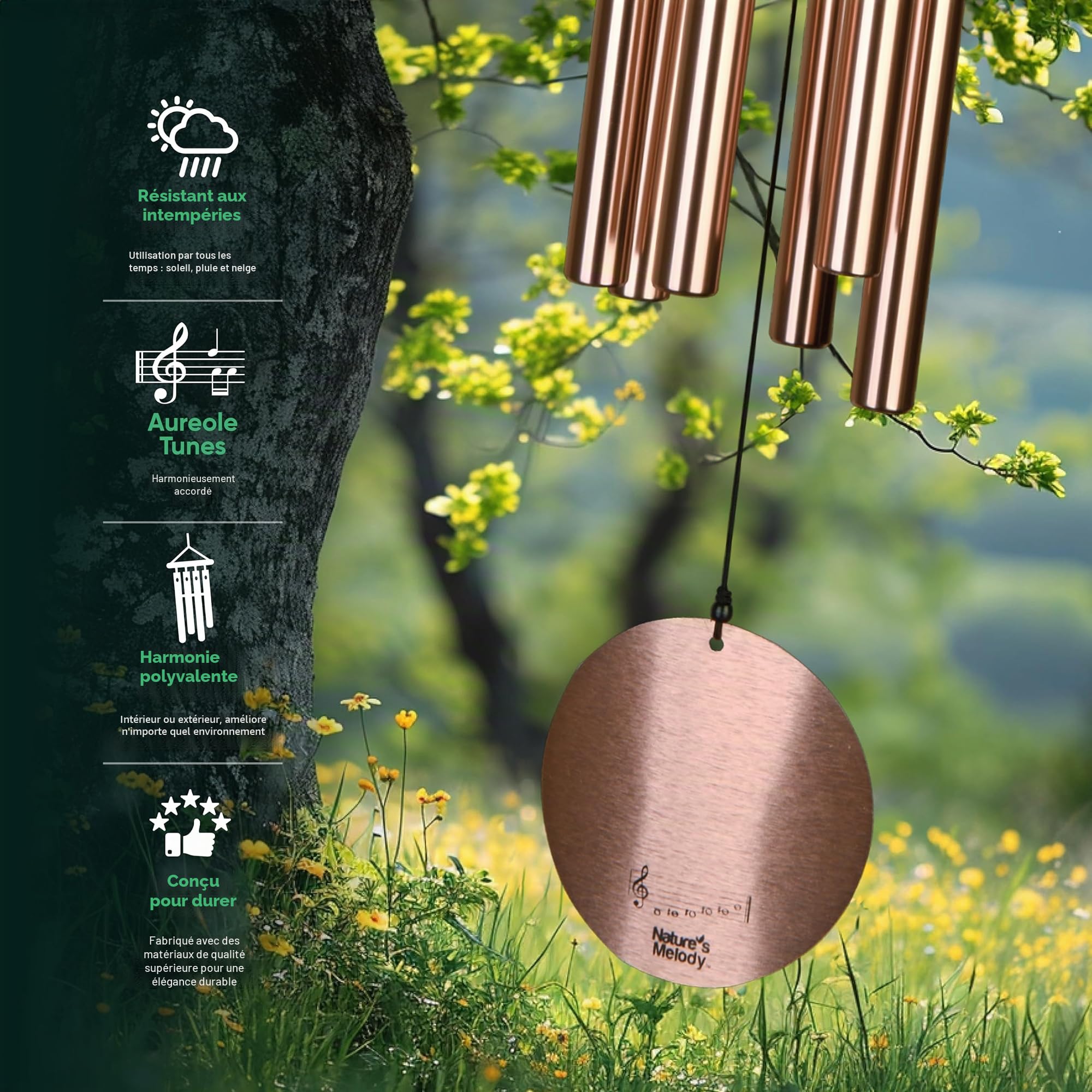 Nature's Melody Aureole Tunes Carillon à vent d'extérieur, 6 tubes, gamme pentatonique de Mi, aluminium inoxydable, finition poudrée, crochet en S, pour condoléances, cadeau commémoratif, jardin zen
