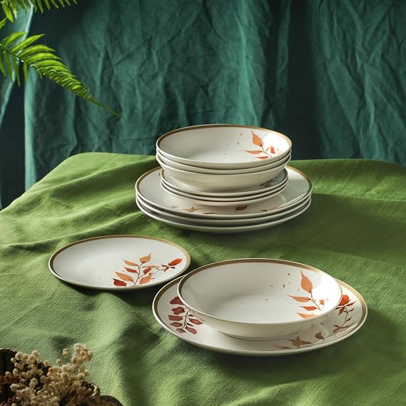 Stone Lain Maple 12-Piece Dinnerware Set Porcelain, Plates and Bowls Set, Dishwasher and Microwave Safe, Dish Set for 4, White