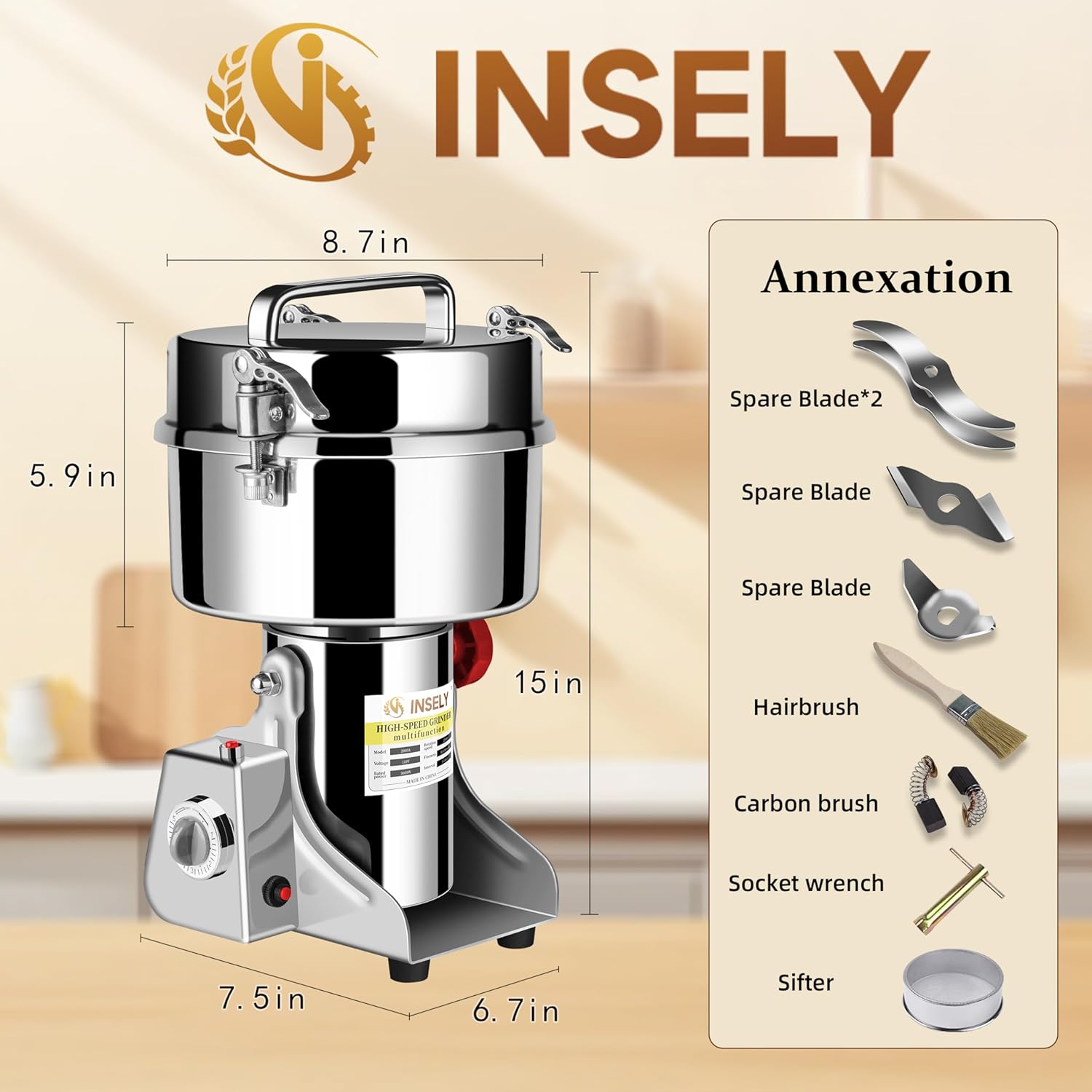 Grain Mill Grinder 2000g High Speed Food Grain Mill Stainless Steel Seeds Flour Nut Pill Wheat Corn Herbs Spices & Seasonings Dry Grinder Electric Machine Grinder for Kitchen
