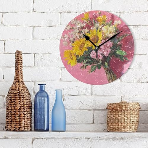 Miniatura 3 de Retro Flowers with Pink Oil Painting Feel 10 Inch Round Wall Mount Clock Silent Unique for Farmhouse Living Room Living Room reloj de pared para