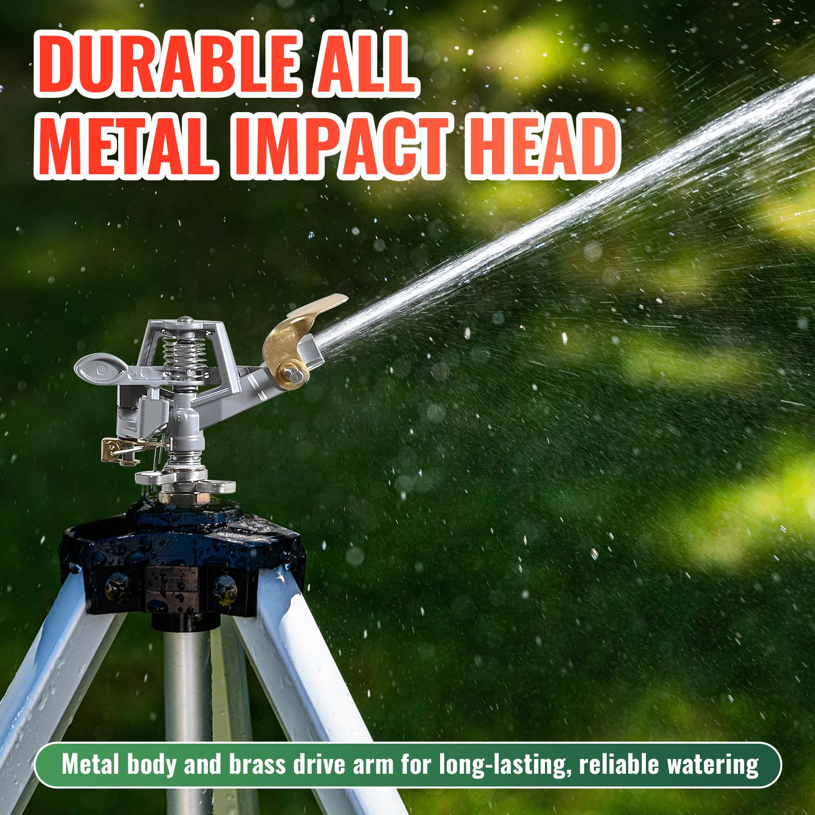 YAMATIC Aspersor de impacto en base de trípode, aspersor de metal resistente de 50 pulgadas para patio, cabezal de zinc giratorio de 360 grados para áreas grandes, conector de latón de 3/4 pulgadas