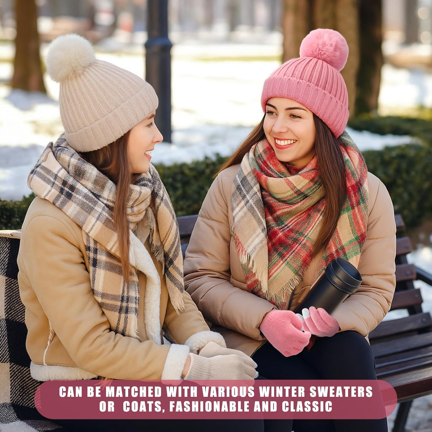 15 Pcs Winter Beanie Hat Scarf Gloves Ear Muffs Socks Set Knit Beanie Hat with Pompom Touch Screen Gloves for Women (Black,Beige,Pink) - Image 3