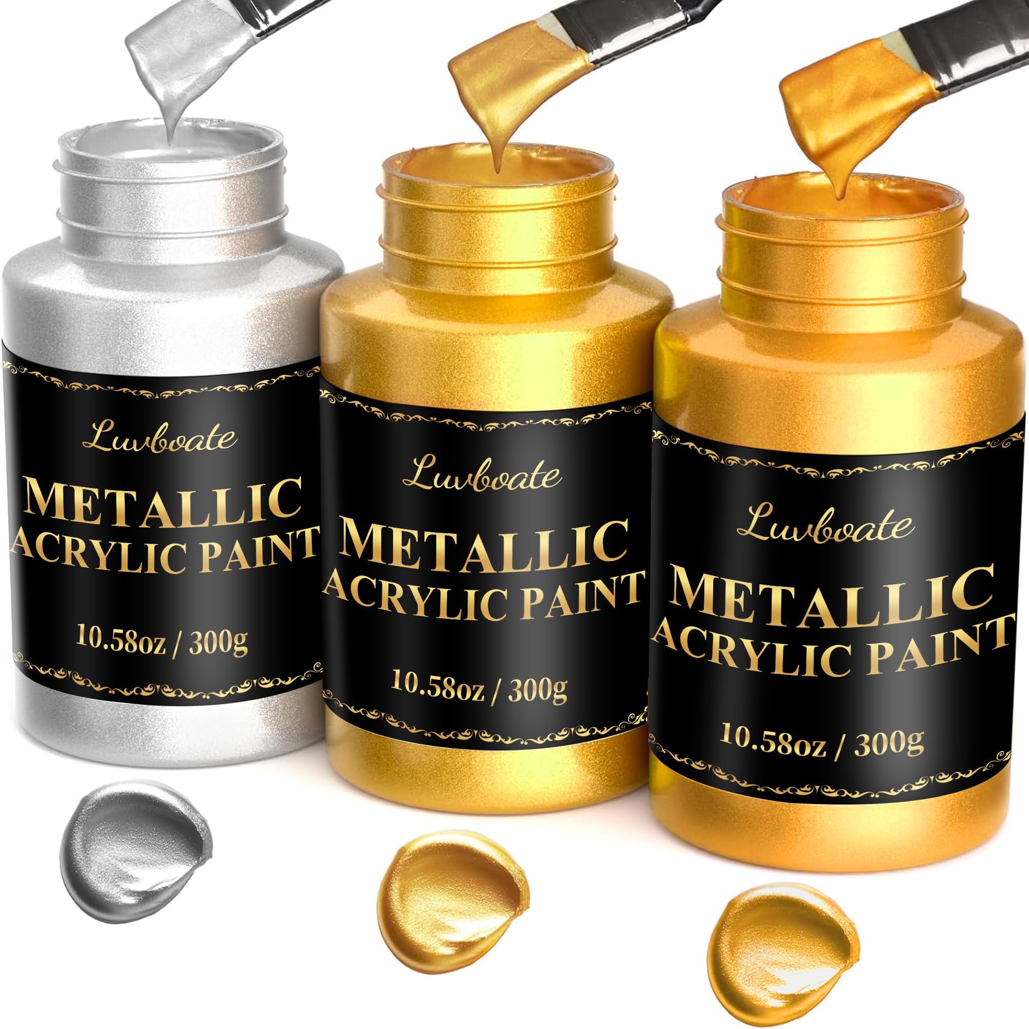 Acrylic Metallic Paint, 3 Colors 24k Gold & Bright Gold & Silver 31.75oz(900g), Non-Toxic Golden Paint, Non Fading Metal Paint for Art Painting on Fabric, Canvas, Wood, Clay, Crafts