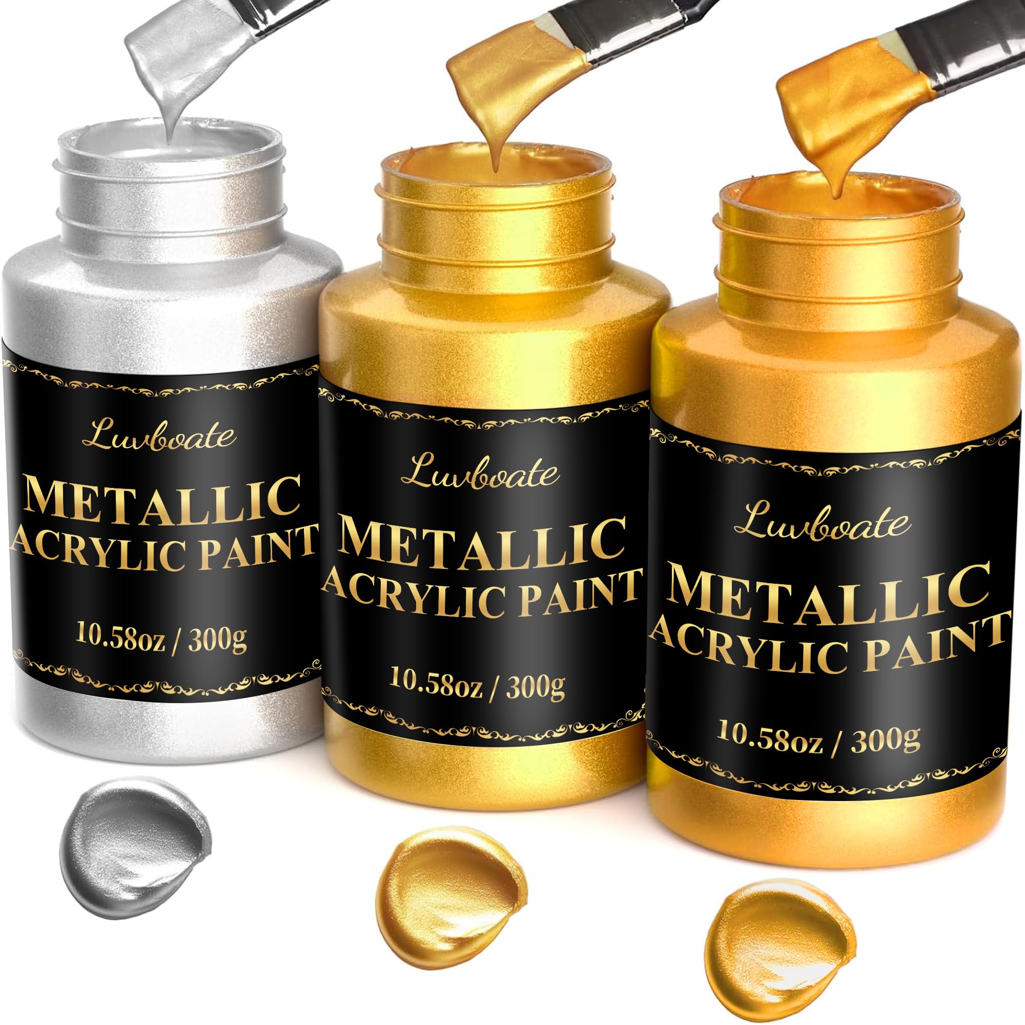 Acrylic Metallic Paint, 3 Colors 24k Gold & Bright Gold & Silver 31.75oz(900g), Non-Toxic Golden Paint, Non Fading Metal Paint for Art Painting on Fabric, Canvas, Wood, Clay, Crafts