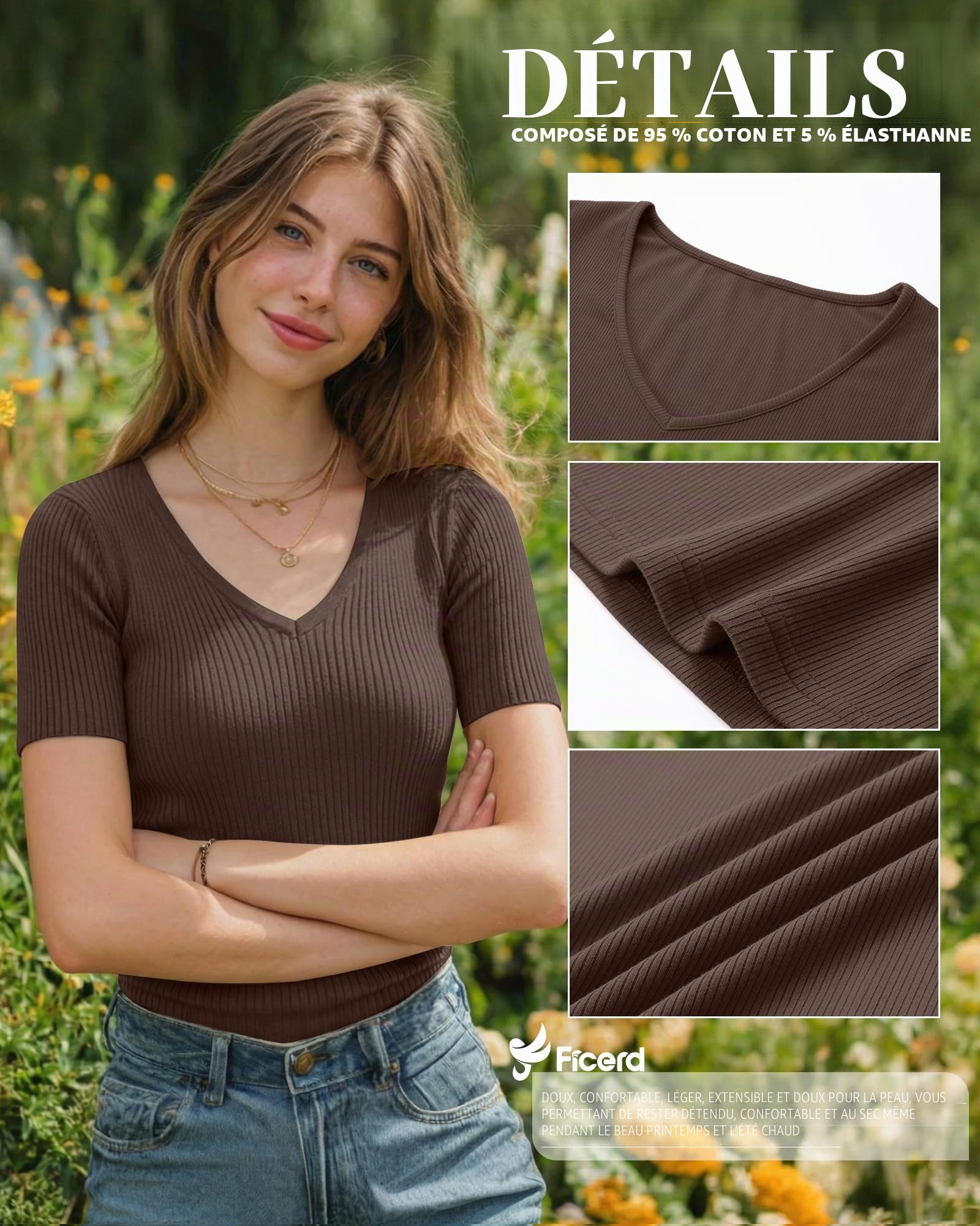 Ficerd 3 T-Shirts Femme Coton côtelé col V | T-shirts Basiques À Manches Courtes, Tenues Business Casual, Hauts CintréS Pour Le Bureau, Les Sorties Et L'été