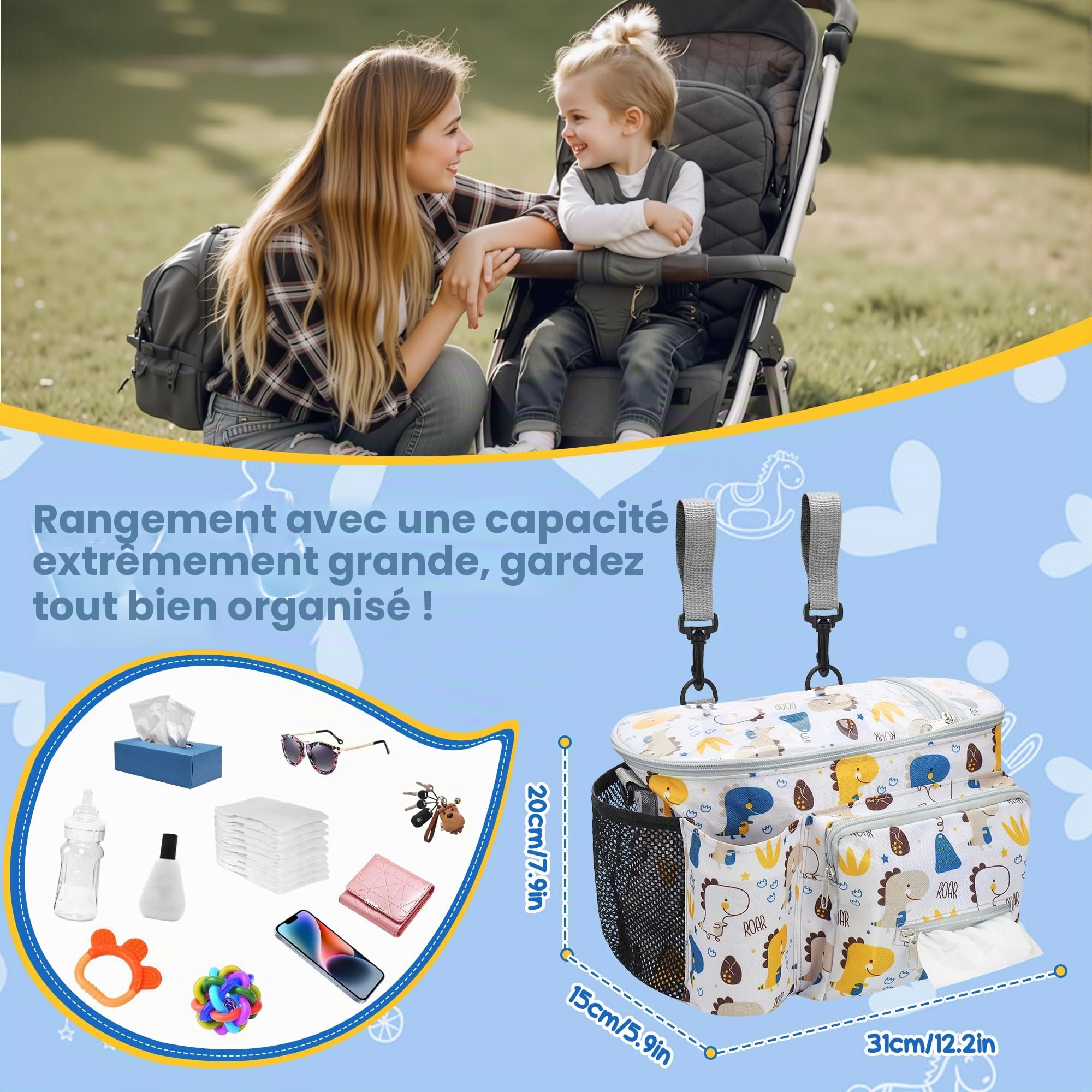 Baby Sac de Rangement pour Poussette, Organisateur Poussette avec Bandoulière Réglable, Sac Landau Universel et Imperméable, Grande Capacité Organisateur Poussette, Style Dinosaure
