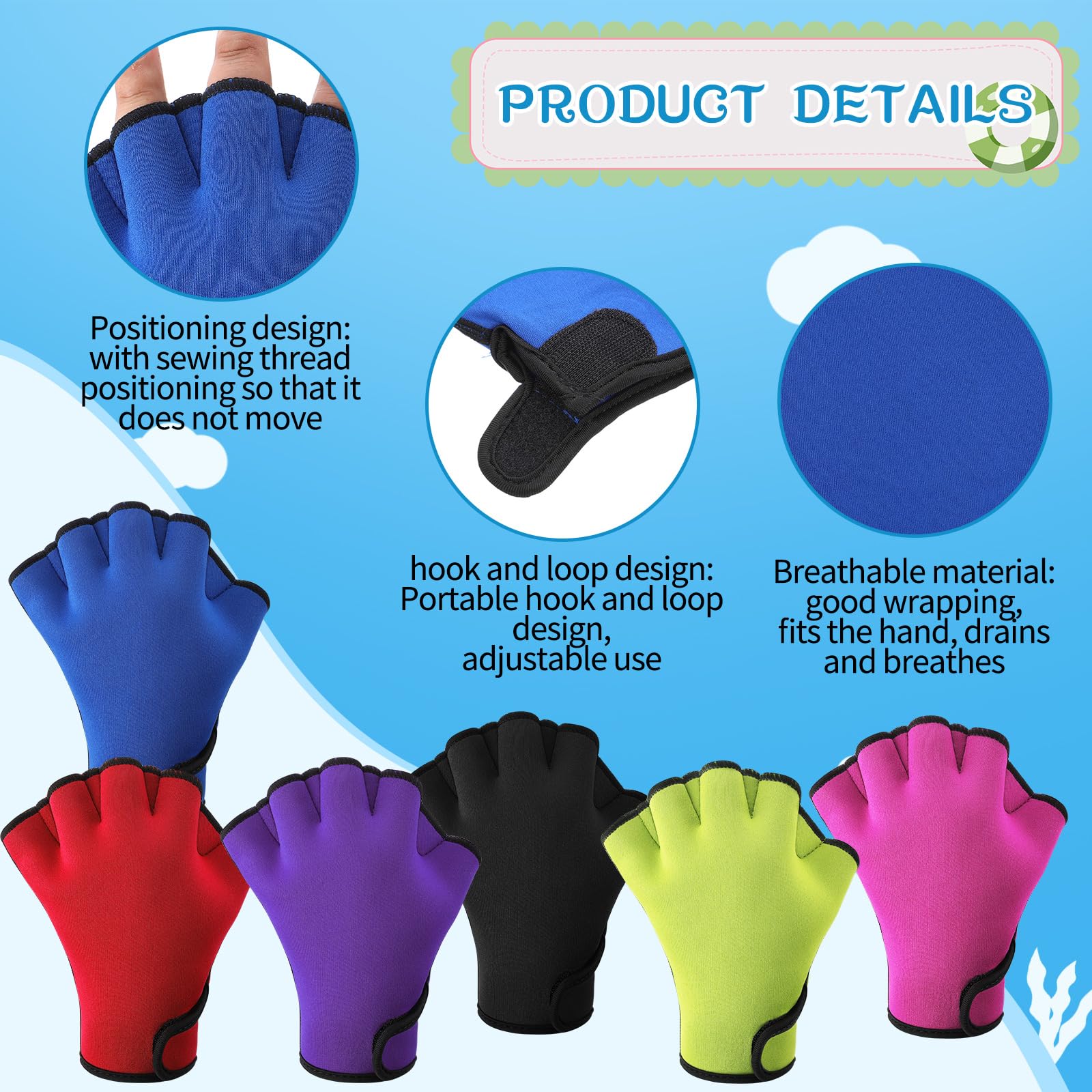 Lot de 6 paires de gants de natation aquatiques Gants de natation palmés Gants d'entraînement Fitness Gants résistants à l'eau pour la natation, la plongée, l'aérobic aquatique exercice de fitness