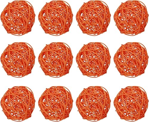 MECCANIXITY 12 bolas decorativas de mimbre de ratán de 2.8 pulgadas para rellenos de jarrones, bodas, jardines, fiestas de pasillo, color naranja