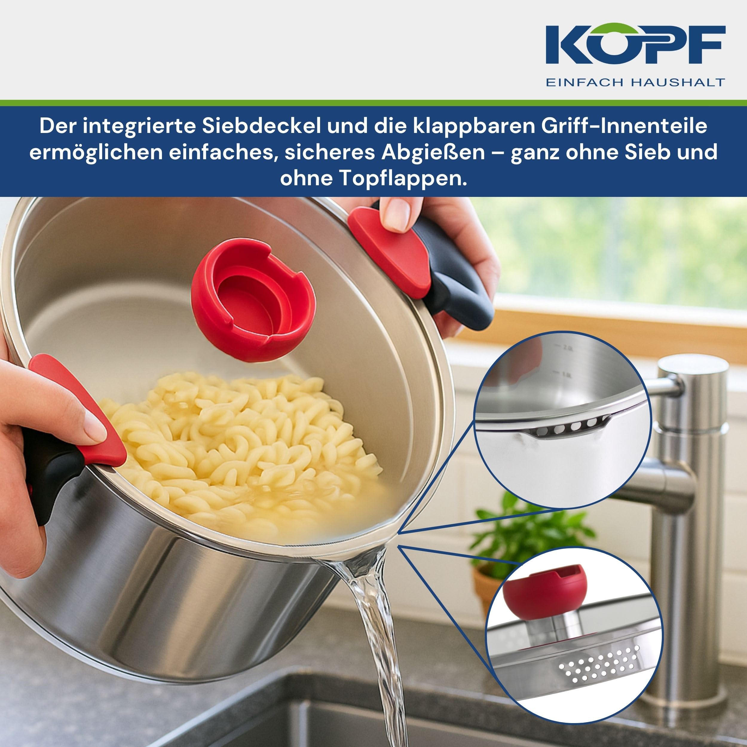 Kopf Zestaw garnków Nelo ze stali nierdzewnej, zestaw garnków indukcyjnych z inteligentną pomocą do odcedzania, 3 x garnki ze szklaną pokrywką i 1 x rondel, 7-częściowy