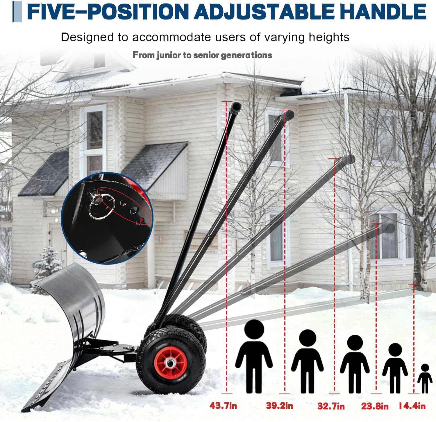 Leero Snow Shovel Wheeled, Large 29" Blade with 5 Level Adjustable Handle and Pivoting Chute Angle, Efficient Metal Snow Shovel for Driveway, Also for Sidewalks, Barn, Skating Rink
