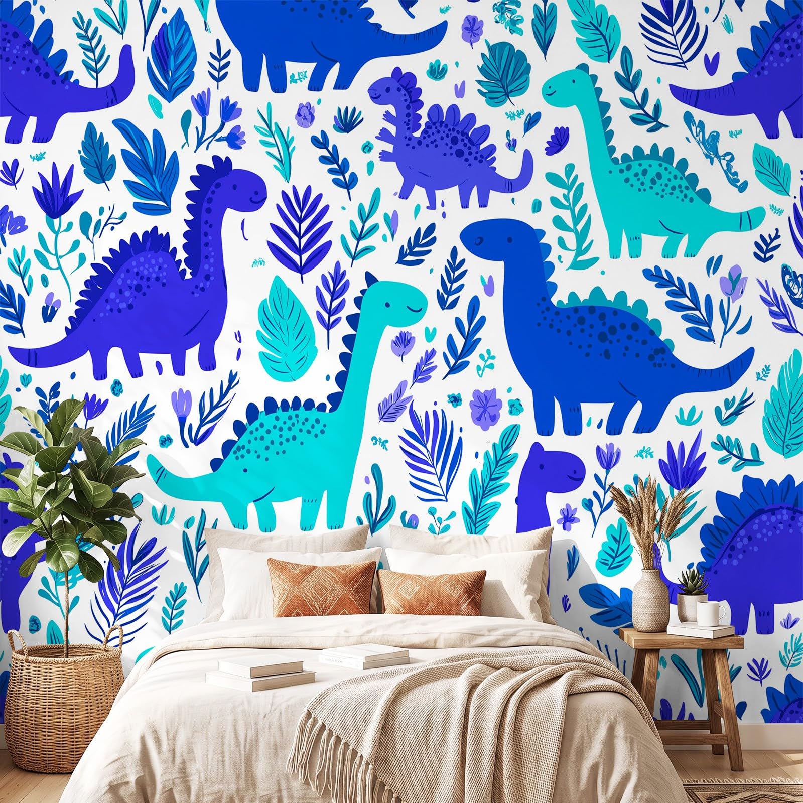 Tapeta 3D przytulna, zabawna, kreskówkowa, 315 x 215 cm, mural ścienny, dinozaur, zwierzę, niebieska tapeta do sypialni, przedszkola, malowniczego ogrodu