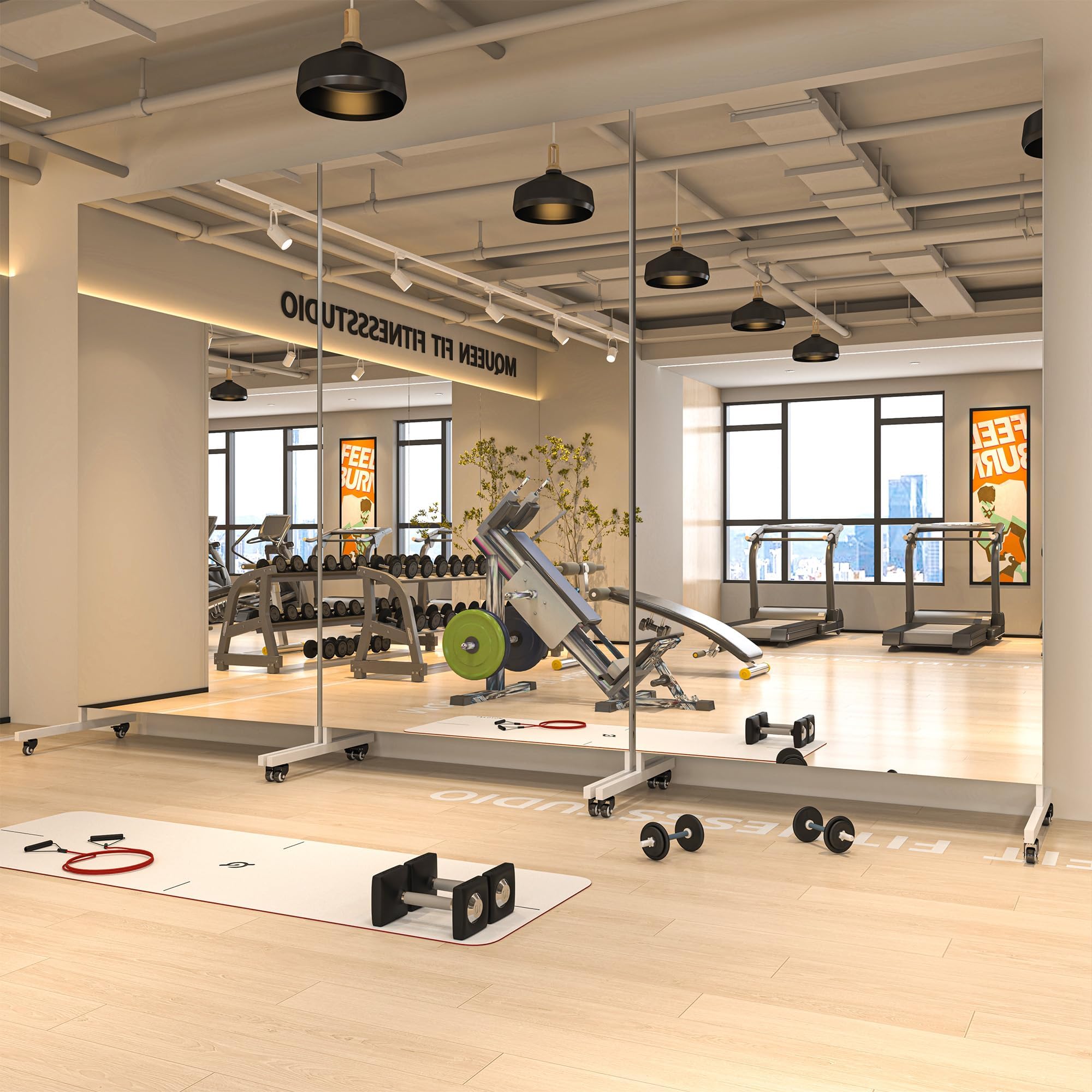 Condition photo showing New/Like New for hasipu home/gym mirror 360° swivel on wheels, 71" x 36" extra large full body rolling mirror for yoga studio, bedroom, dancing studio, white