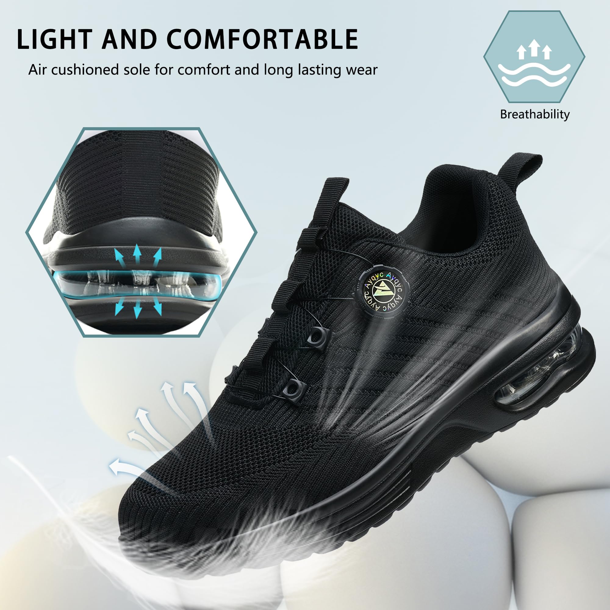 Buty ochronne męskie ze stalowym noskiem, buty ochronne damskie, lekkie buty ochronne, oddychające, antypoślizgowe, robocze buty ochronne z poduszką powietrzną, obrotową klamrą, sznurówki, czerń 2, 40