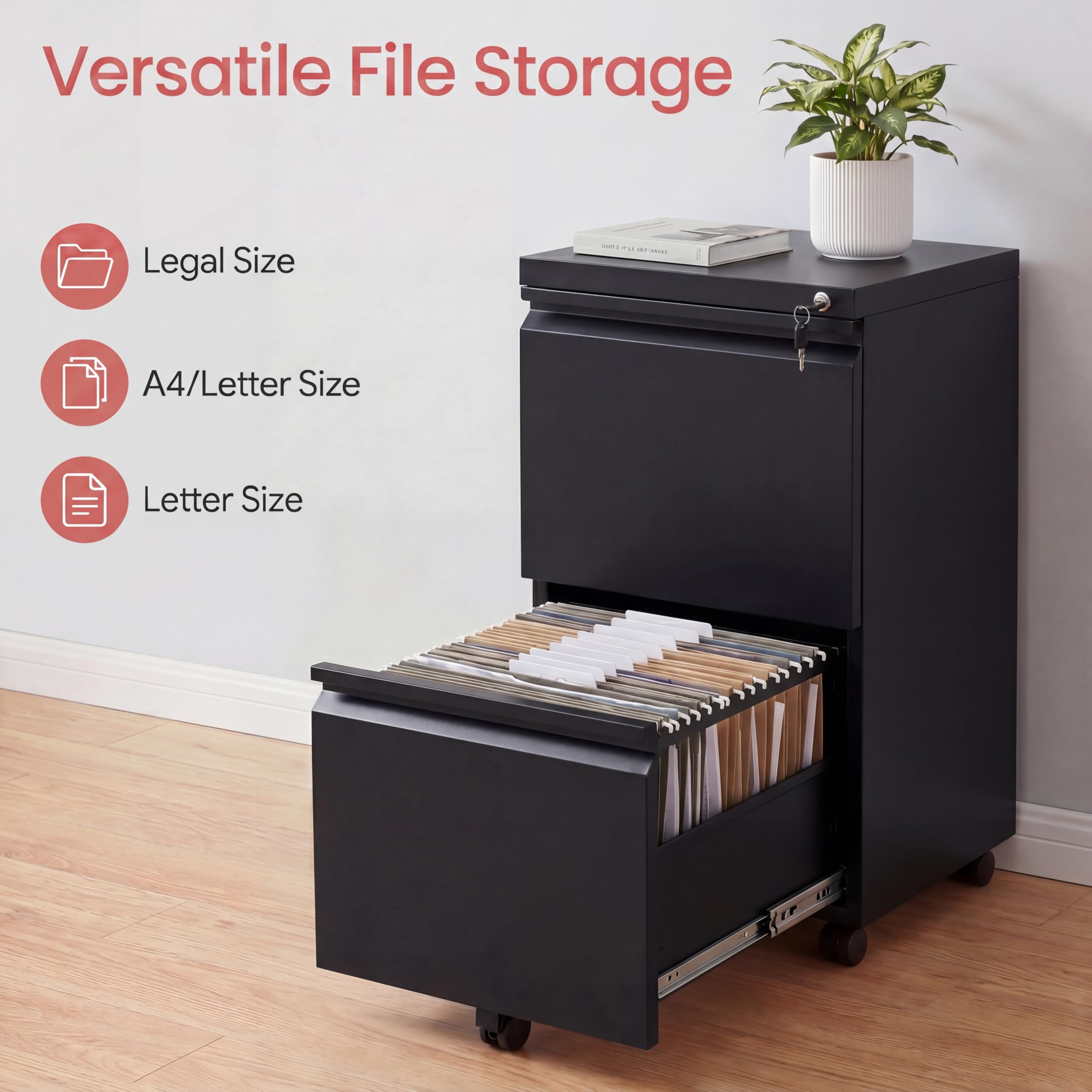 KOMFOTTEU Schedario da Ufficio con Serratura, 5 Ruote, 2 Cassetti e 2 Barre per Cartelle Regolabili, Cassettiera Scrivania Porta Documenti per Formato A4, Letter, Studio, 37 x 44 x 67 cm (Nero)