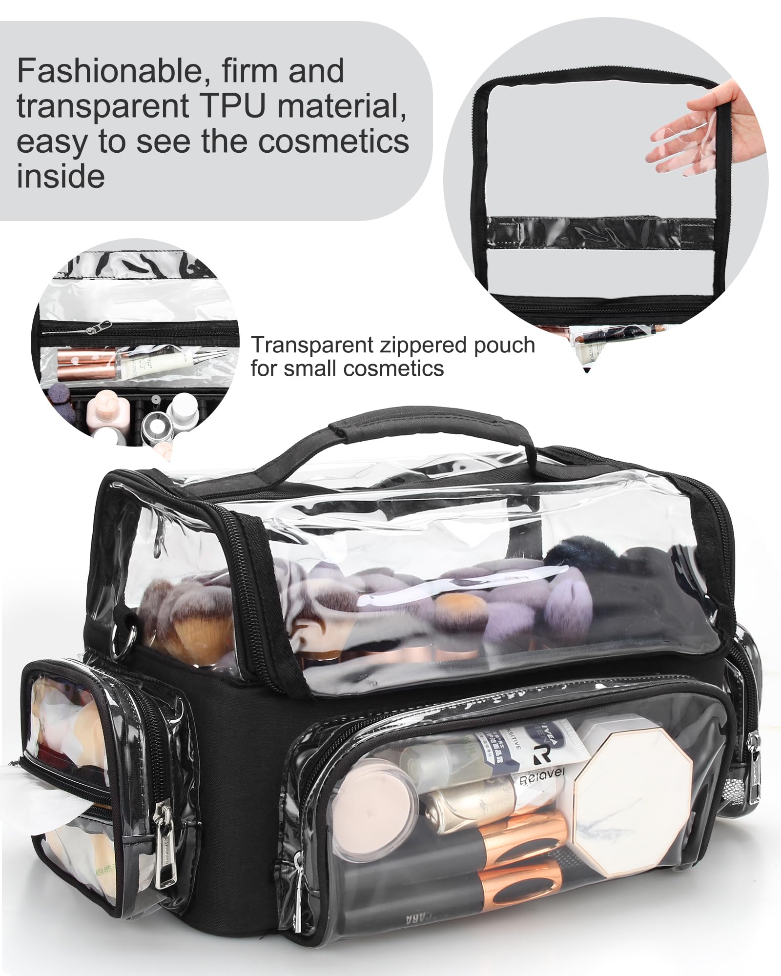 NAONAYA Große Make-up-Pinsel Organizer, professionell, wasserdicht, mit verstellbarem Riemen und Trennwänden, I Clear, Größe XL, Kosmetikpinsel-Etui für Make-up-Künstler