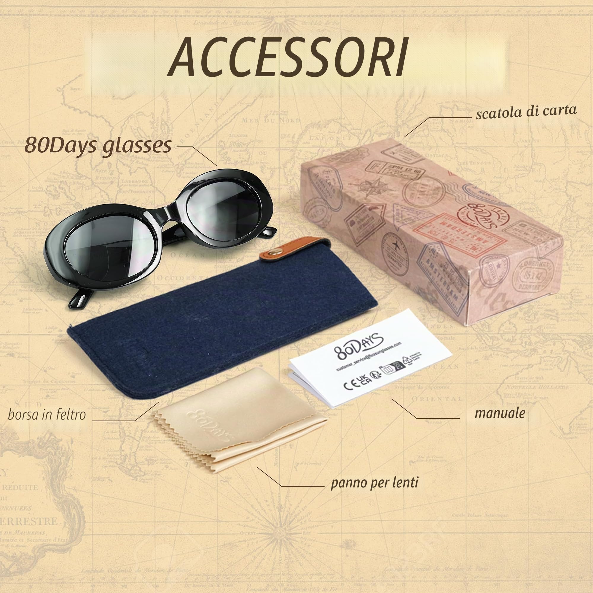 80Days Occhiali da Sole Ovali Donna – UV400, Stile Distintivo, Retrò Chic