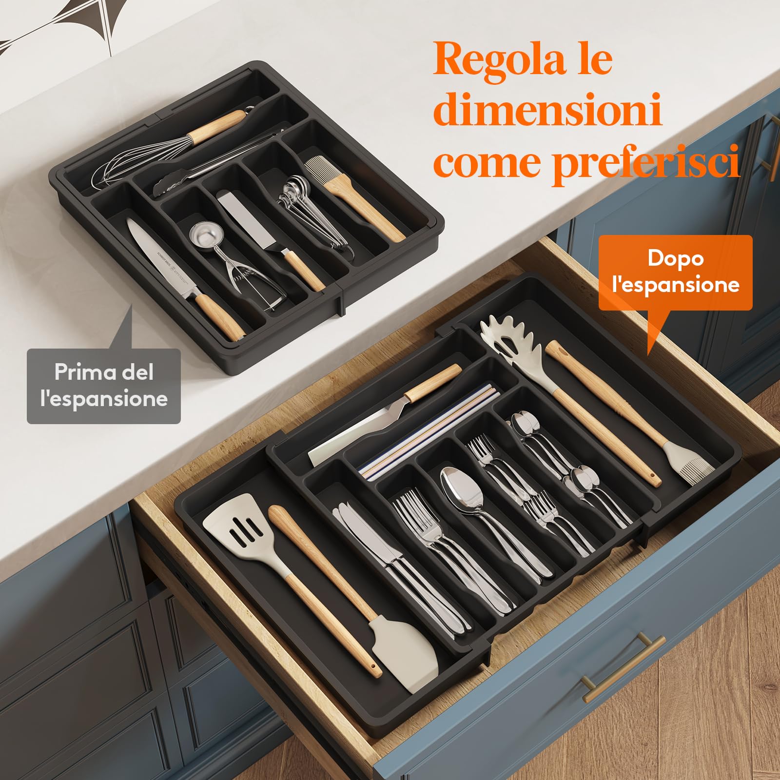 Lifewit Portaposate da Cassetto, Vassoio Espandibile Porta Posate per Cucina da Cassetto, Portaposate Regolabile in Plastica per Utensili, Cucchiai, Forchette e Coltelli, Grande, Nero