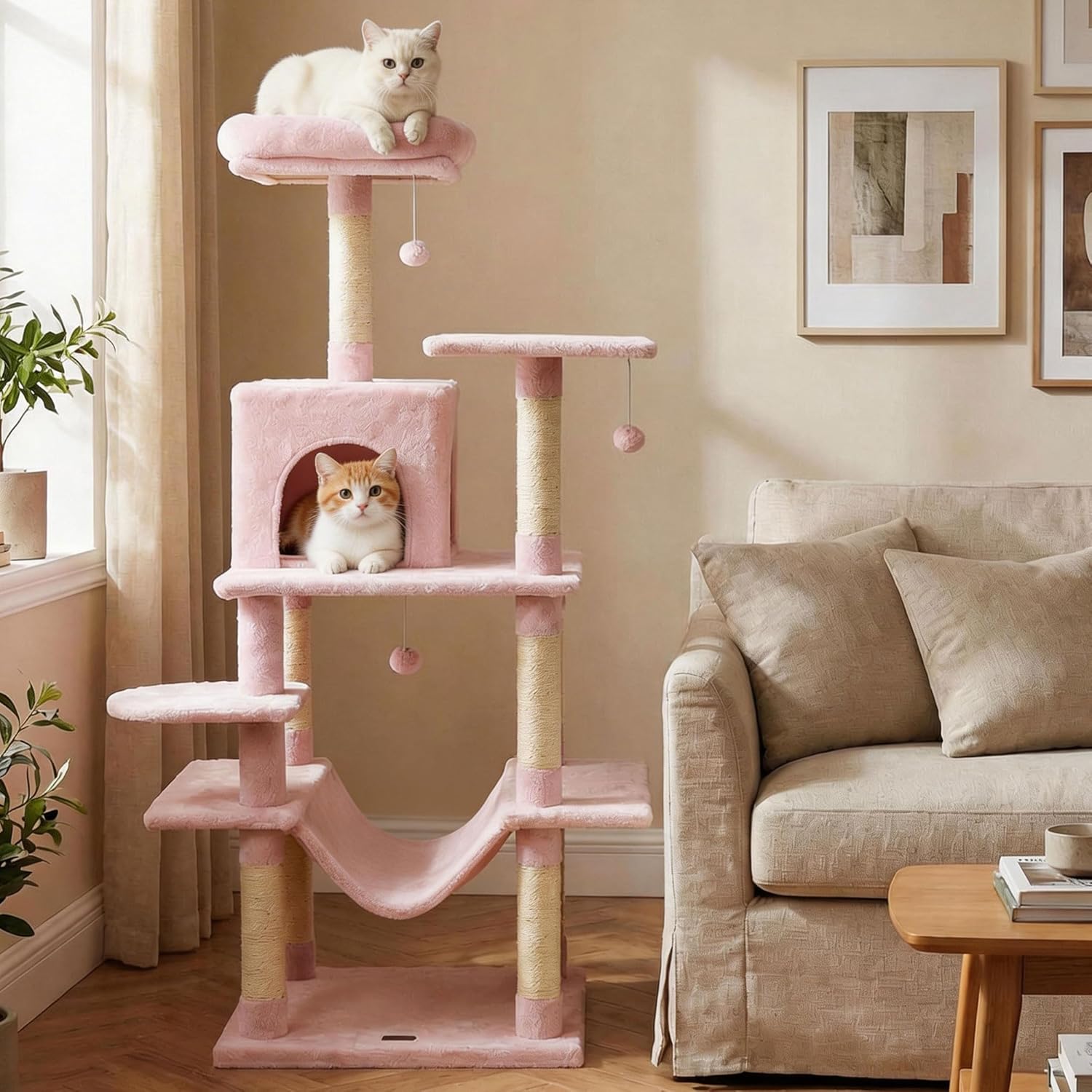 PETSITE Multi-Level Cat Tree, 58 Inches Tall with Sisal Scratching Posts, Condo, Hammock, Dangling Balls, Jumping Platforms, and Cozy Top Perch, Ideal for Indoor Cats to Play and Rest (Green)