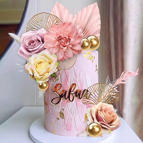 Miniatura 5 de Decoración bohemia para tartas de flores, hojas de palmera rosadas, decoración para tartas con hojas y bolas de ginkgo de rosas artificiales para