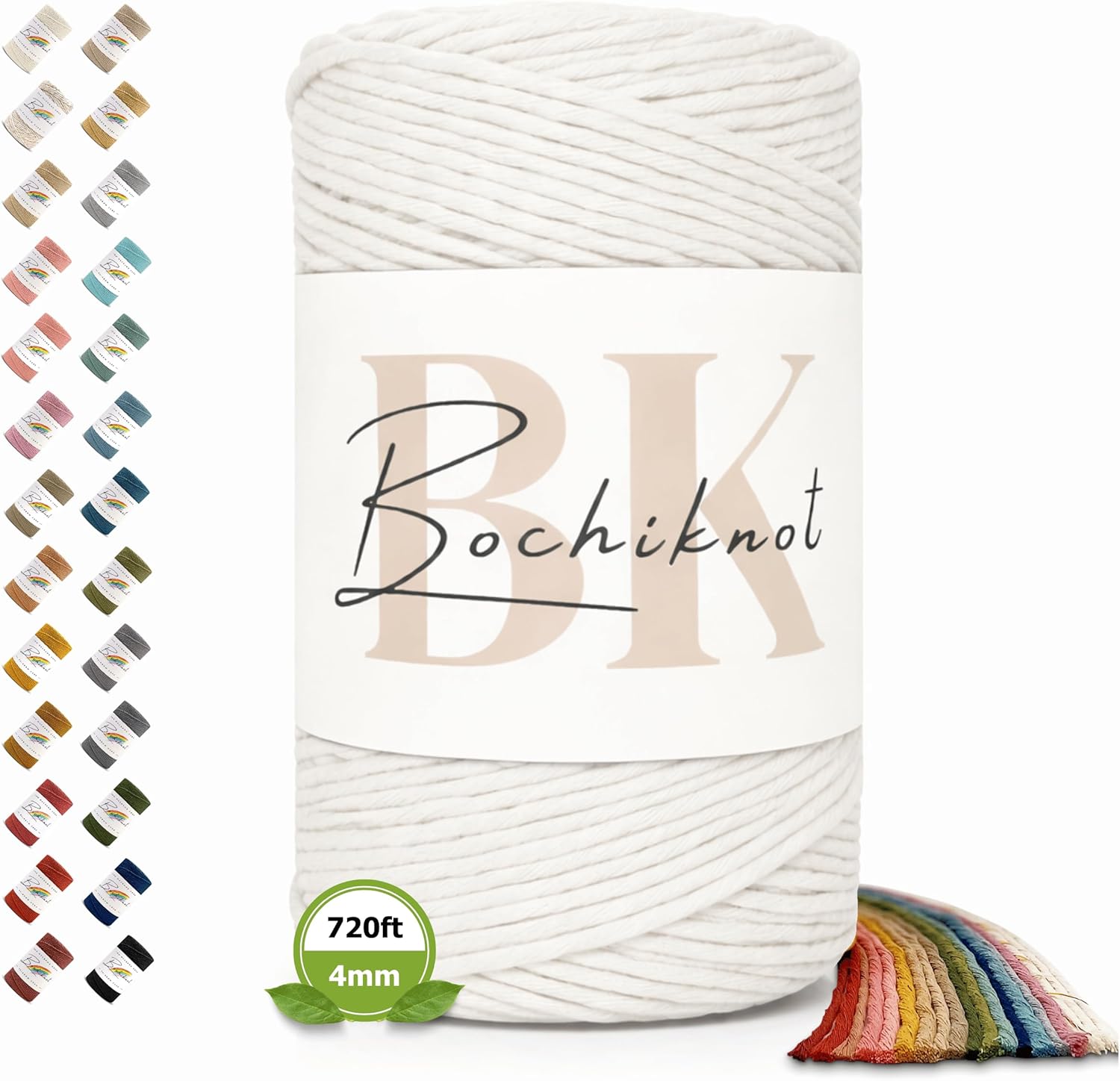 BOCHIKNOT Single Strand Macrame Cord 4mm x 240yds (220m) – Soft Cotton Macrame Rope for Beginners, Easy to Knot for Wall Hangings, Plant Hangers, Fringe and DIY Crafts (Milk)
