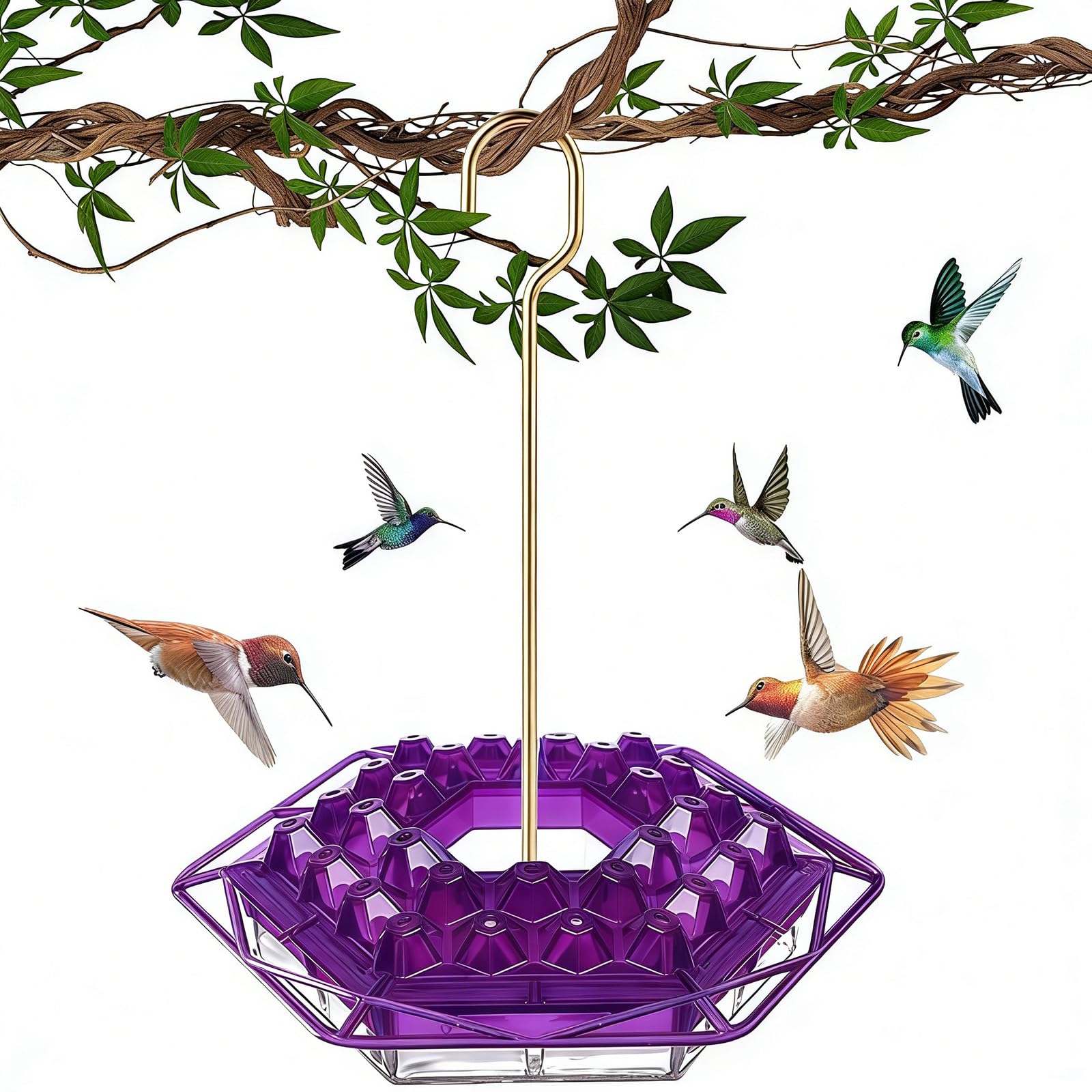 Hummingbird Feeder with Ant-Proof Moat Hummingbird Feeder, Easy to Clean and Refill Includes Hanging Hook, Features 30 Feeding Ports (Purple 1PCS)