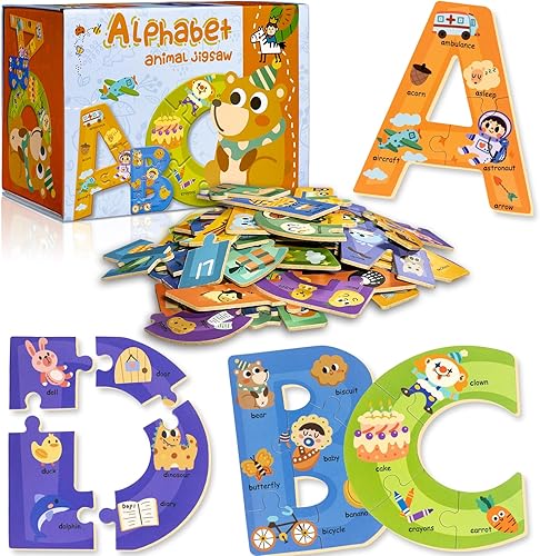 KIDS KING Wooden Alphabet Puzzles for Kids Ages 3-5, ABC Learning for Toddlers Ages 3+, Sight Words Letter Puzzles Montessori Toys, Educational STEM Gifts for Preschool Boys Girls Age 3+
