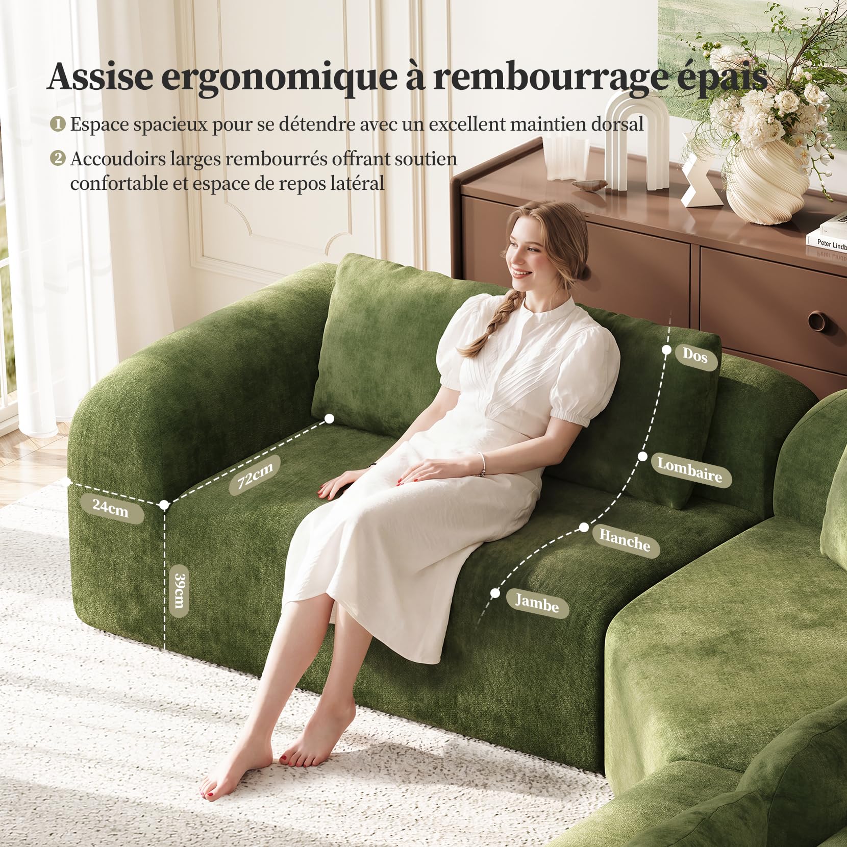 275cm Grünes geschwungenes Ecksofa, Chenille Wolkensofa ohne Rahmen