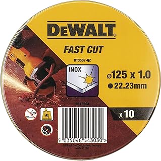 DEWALT Lata con 10 Discos de Corte, Acero Inox, dimensiones 125x1x22.23mm, Grano de Óxido de Aluminio, Para Amoladoras con Cable y a Batería, DT3507-QZ