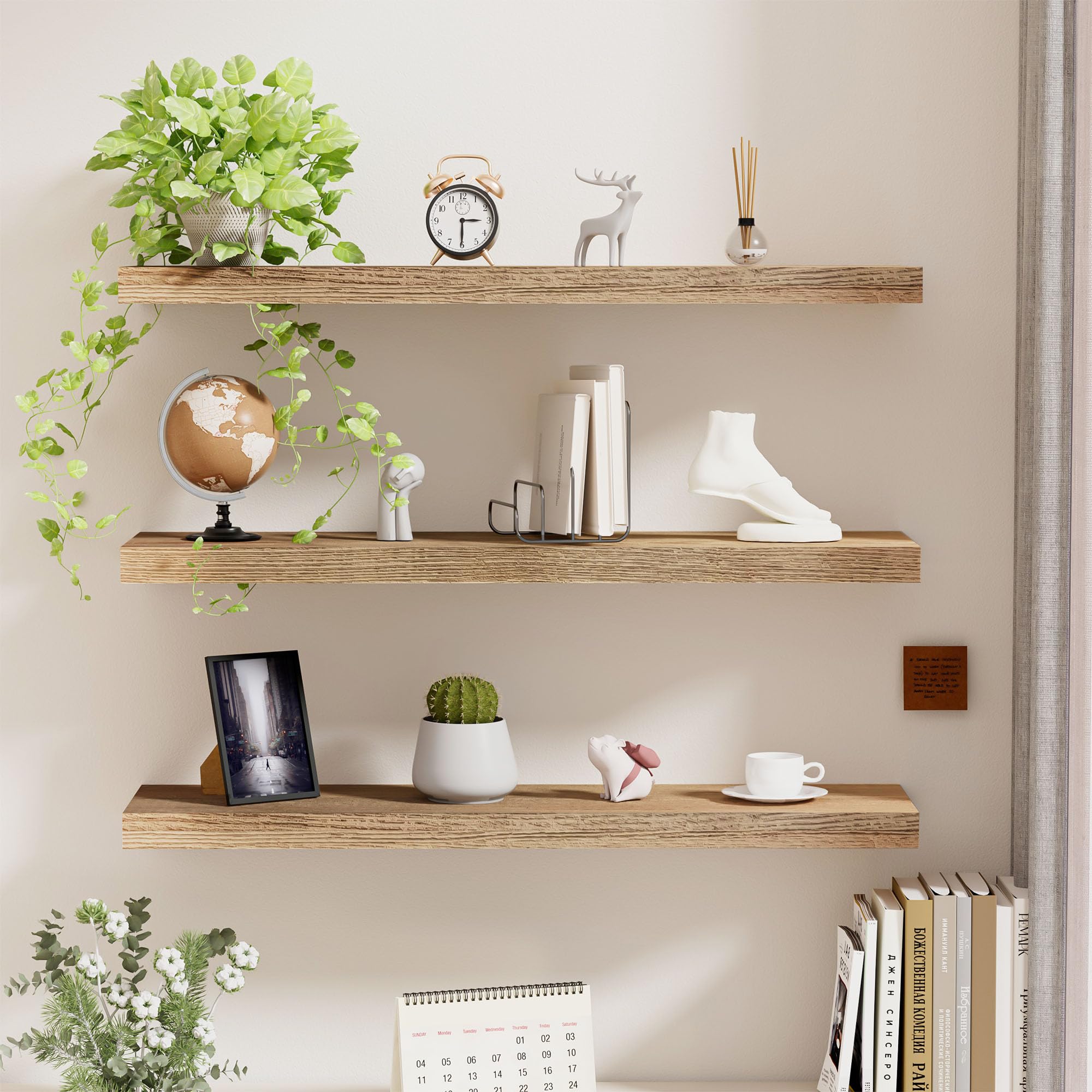 wyewye Schweberegale aus Holz, 3er-Set, Wandmontage, rustikales Regal, dekoratives Schweberegal Länge 60 cm, Wand-Display-Racks mit unsichtbaren Halterungen für Schlafzimmer, Küche, Wohnzimmer, Büro