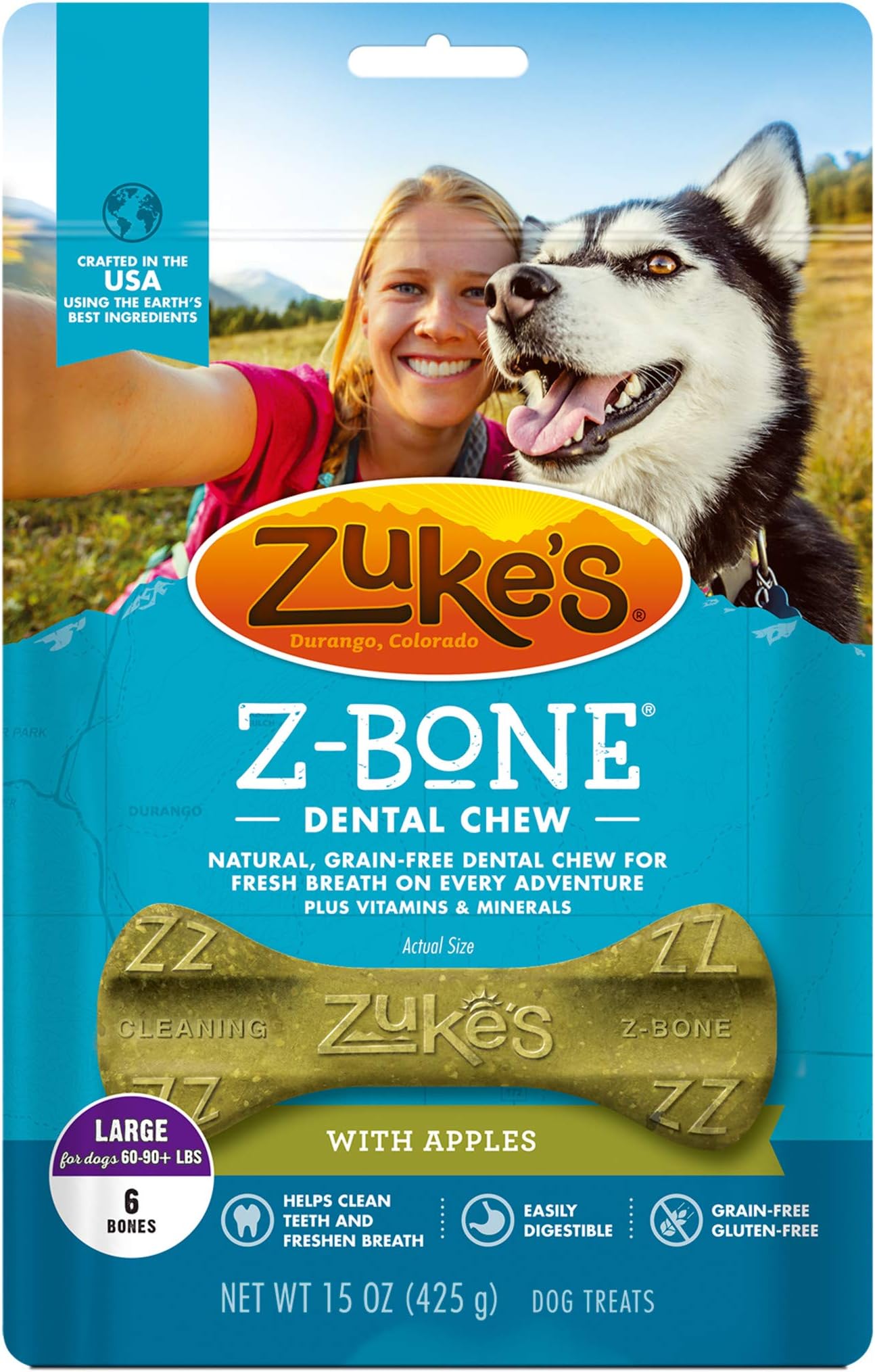 Zuke's Large Z-Bone Grain Free Dental Chew Dog Treats With Apples - 15 oz. Bag (82435)