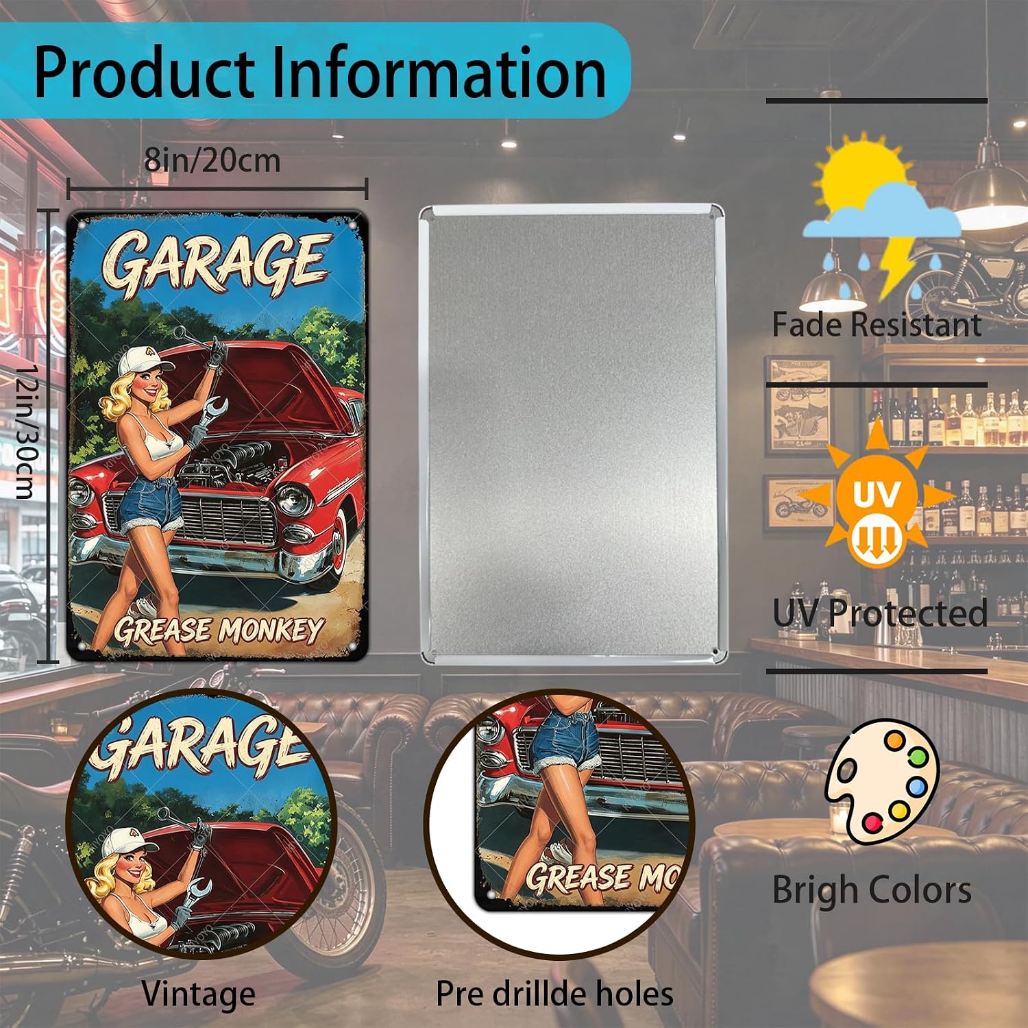 Garage Pin Up Woman Retro Wall Decor Metal Tin Sign Sexy Woman Repairing Red Car Vintage Wall Art Poster for Man Cave Home Coffee Room Bathroom Decor Gift 12x8 Inch image 2