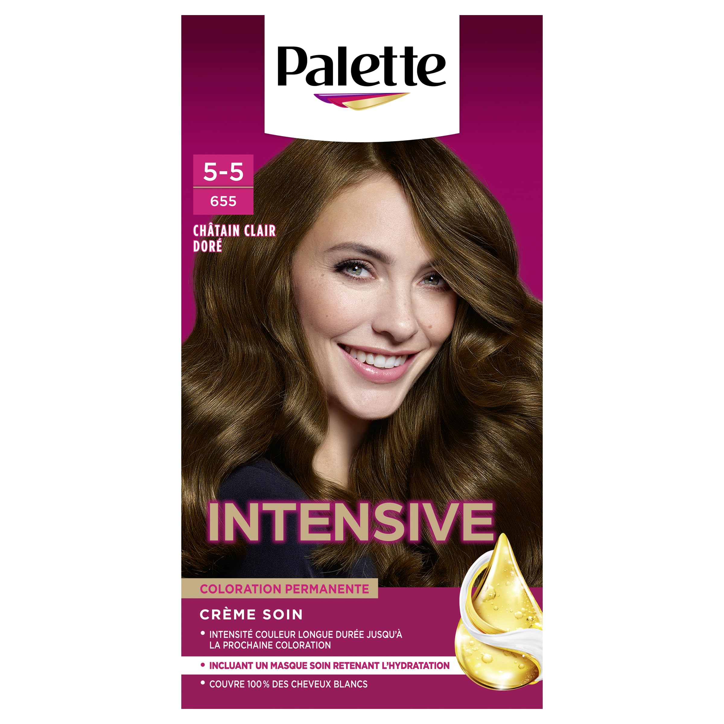 Schwarzkopf Palette, Coloration Permanente Cheveux, Crème Soin, Couvre 100 Pour cent des Cheveux Blancs, Tenue 8 semaines, Chatain Clair Dore 655, 1 Unité