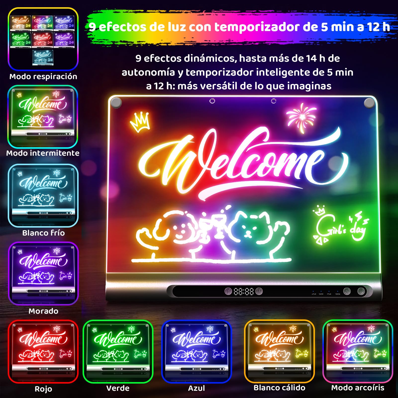 Pizarra LED recargable 41 cm, 9 modos de luz con temporizador y soporte integrado, tablero acrílico neón borrable en seco, regalo niños/adolescentes, 6 rotuladores y libro de calco, negro