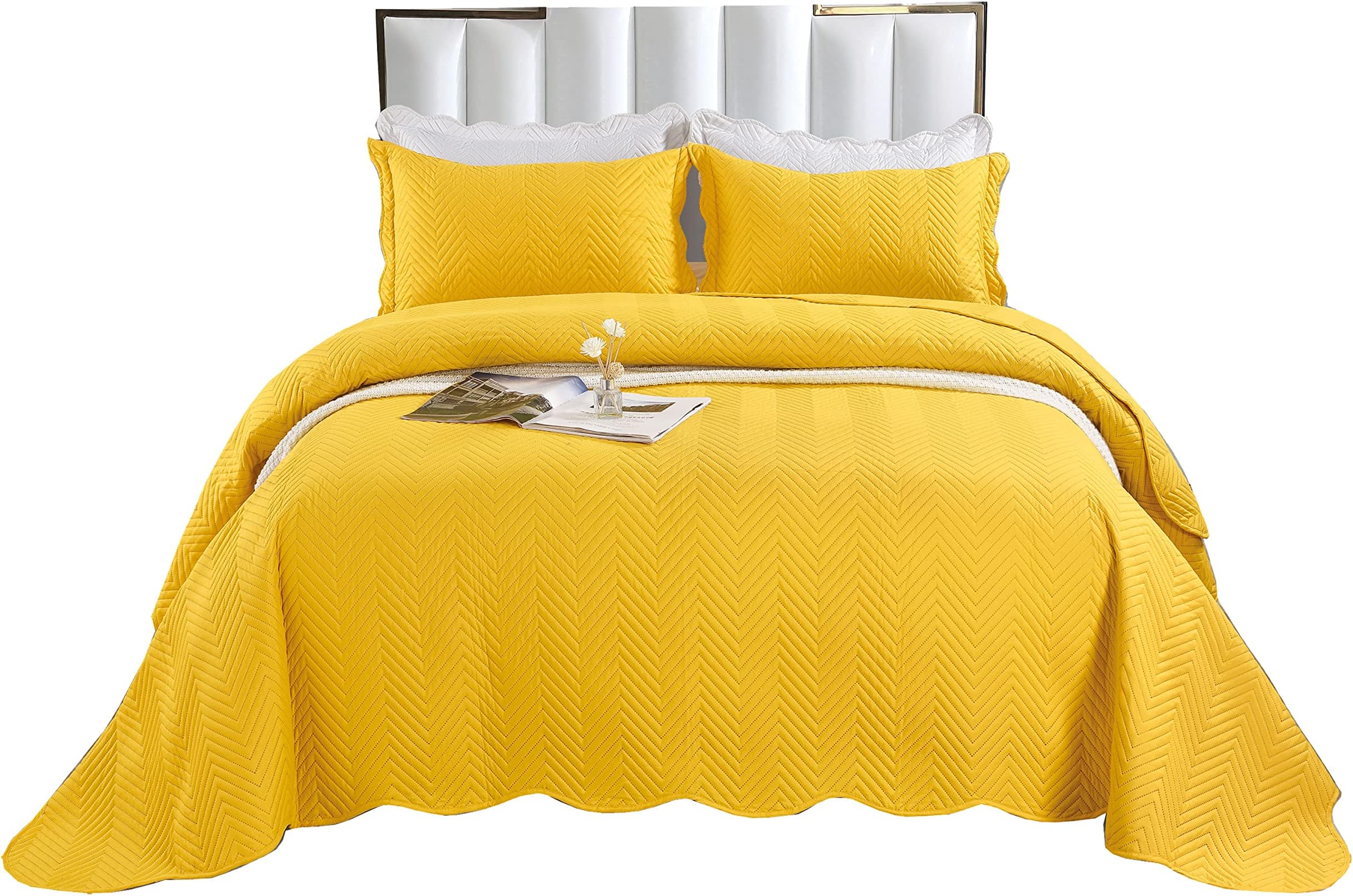 Mustard Super King 3 Piece Quilted Bedspread Plain Embossed Comforter Bedding Set with 2 Pillowcase (Mustard, Super King)