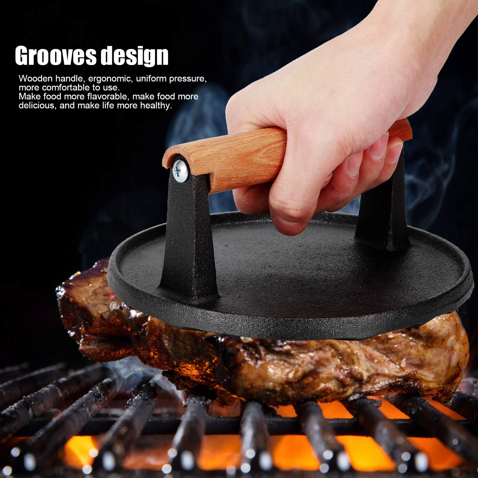QANYEGN Premium Rod Bbq Tool, Cast Iron Steak Press with Wooden Handle, Cast Iron Grill Press for Grilled, Roasted, and Fried Meat