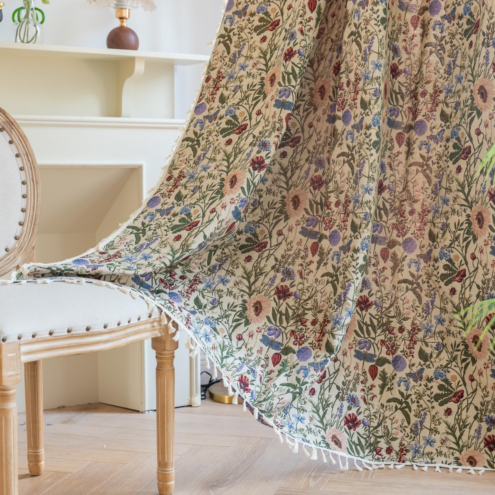 USTIDE 63 Inch Short Semi Sheer Curtains, Dahlia Floral Jacquard Boho Farmhouse Drapes with Tassels, Light Filtering Rod Pocket Window Treatment for Small Window Bedroom Kitchen, 150x160cm — image 1