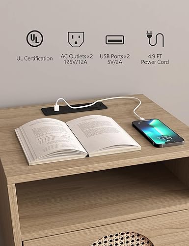 Miniatura 3 de KIETLER Mesita de noche de ratán con estación de carga, mesa auxiliar bohemia, mesa auxiliar con puertos USB y tomas de corriente, 1 almacenamiento