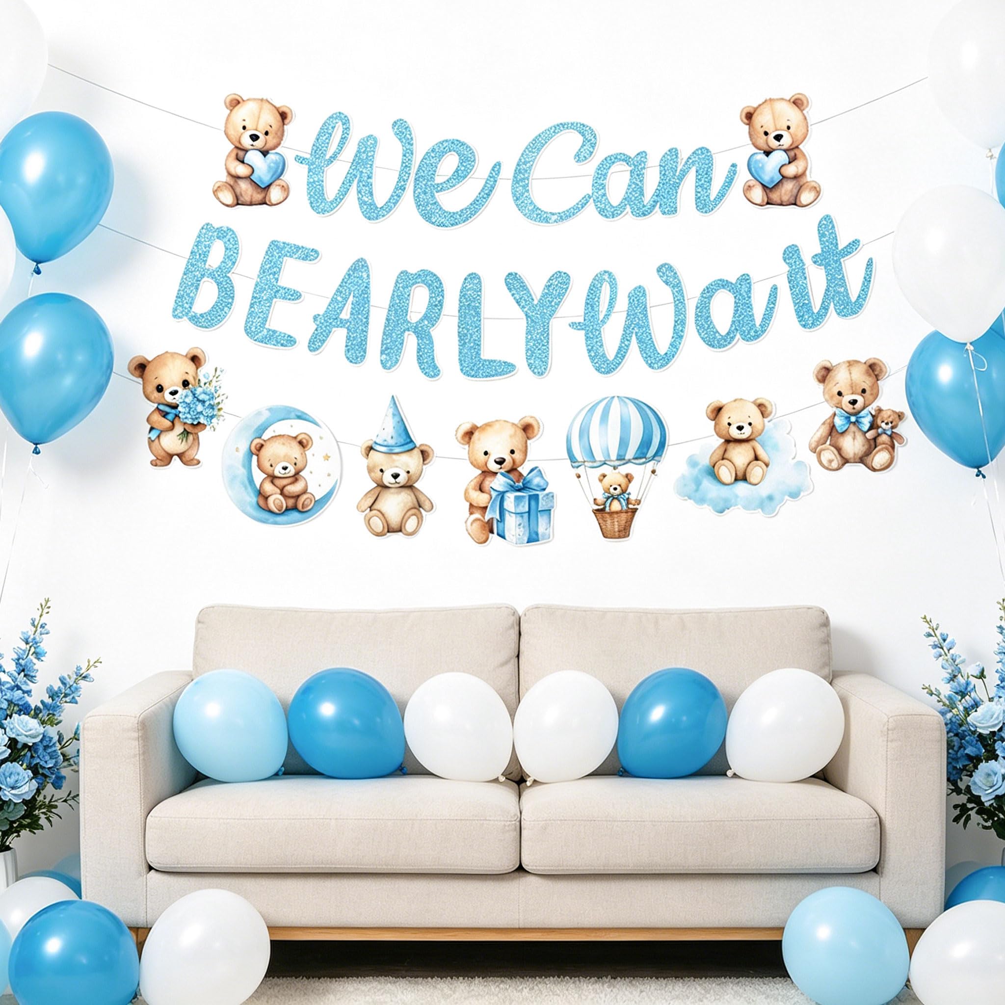 Blue Baby Shower Decorations Bear Baby Boy Banner We Can BEARLY Wait Party Supplies Baby shower Bear Baby Garland