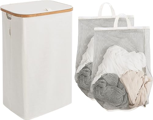 StorageWorks Cesta grande para la ropa sucia con tapa, cesta de lavandería de 100 litros de altura con asas de bambú y 2 bolsas interiores