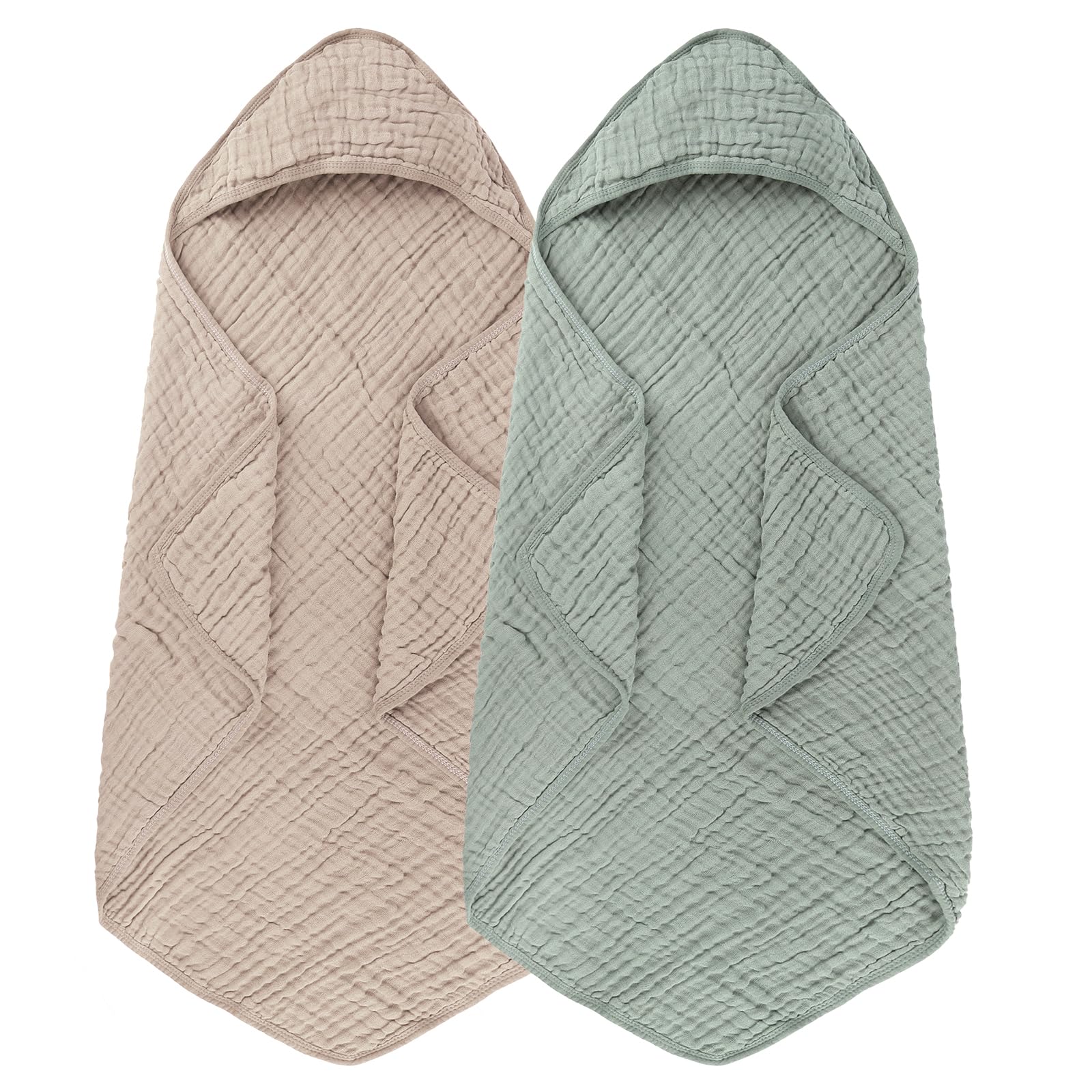 Synrroe 2 Pack Hooded Muslin Cotton Baby Towels Green Brown 32 by 32 Inches Ultra-Soft Breathable for Baby