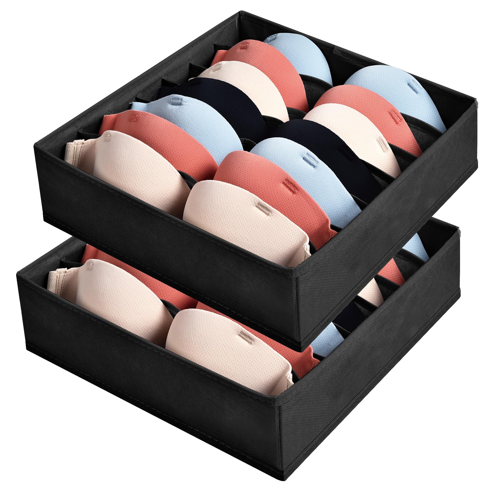 AiQInu Bra Drawer Organizer, Set of 2 Folding Underwear Drawers with 7 Compartments, Wardrobe Organizer Underwear Divider Fabric for Storing Bras, Socks and Ties