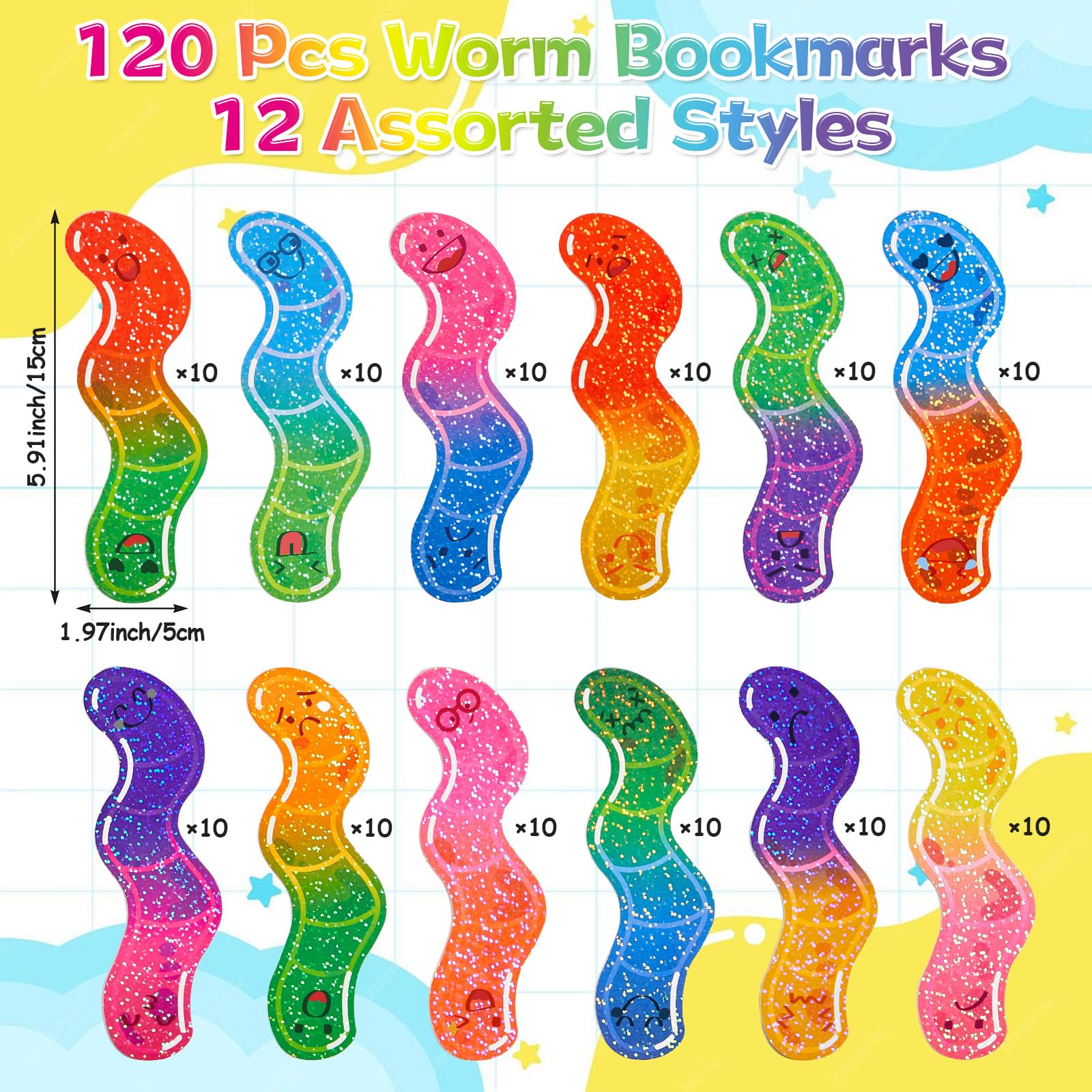120 Stück Wurm-Lesezeichen für Kinder, Schulanfang, lustig, holografisch, glitzernd, gummiert, niedlich, lustiges Lesezeichen für Erwachsene, Studenten, Lehrer, Leseliebhaber, Geschenk