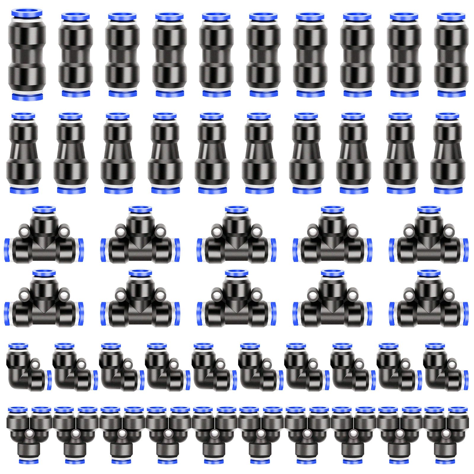 Nadisean 50 Stk Pneumatik Steckverbinder mit Schachtel, 8mm Push in Schnellkupplung für Luftschläuche, 5 Größen Pneumatik Schlauch Kit, 8mm Gerade/Winkel/T/Splitter-Anschluss, 6-8mm Reduzieranschluss