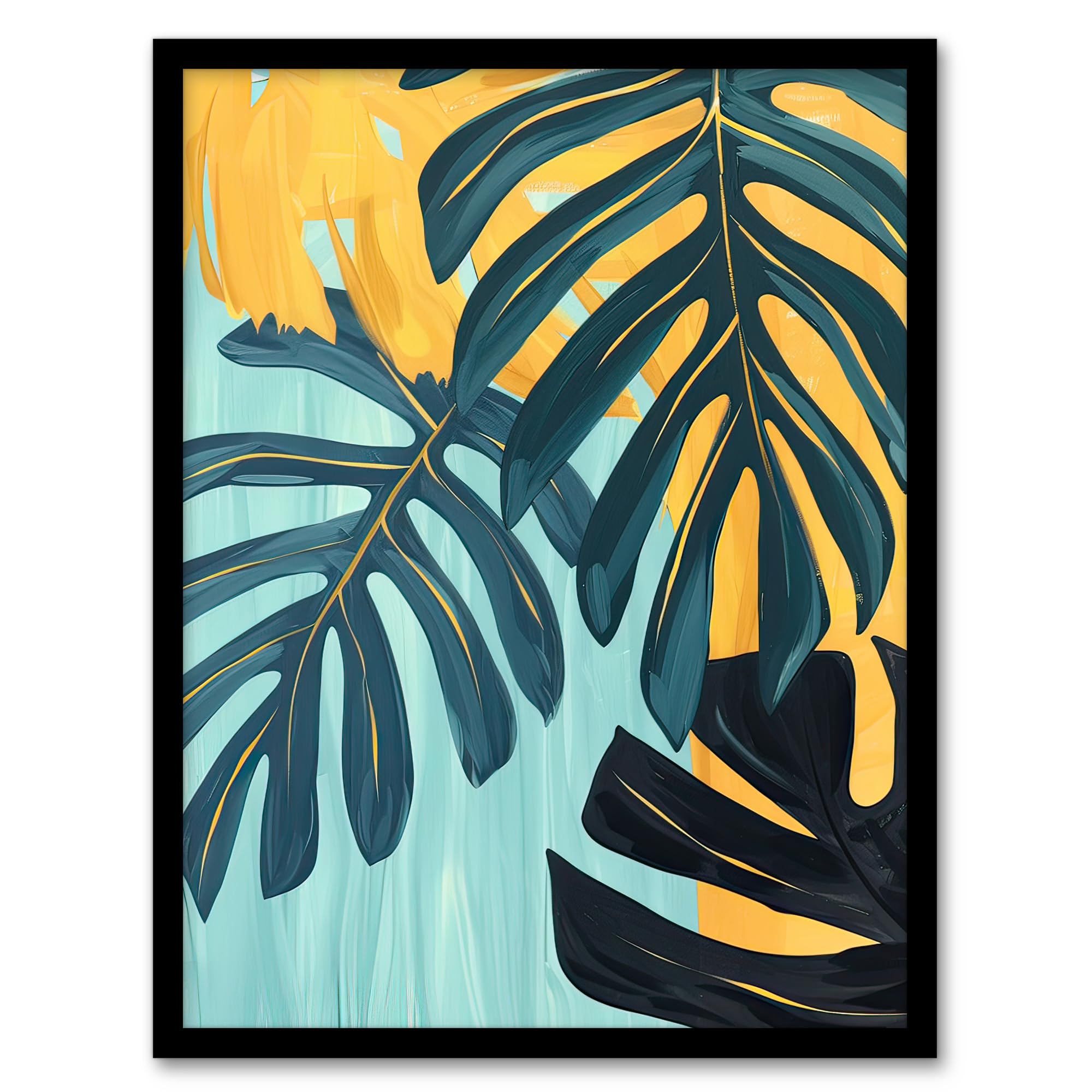 Artery8 Monstera Deliciosa Leaves Teal Yellow Painting Living Room Artwork Framed Wall Art Print 18X24 Inch